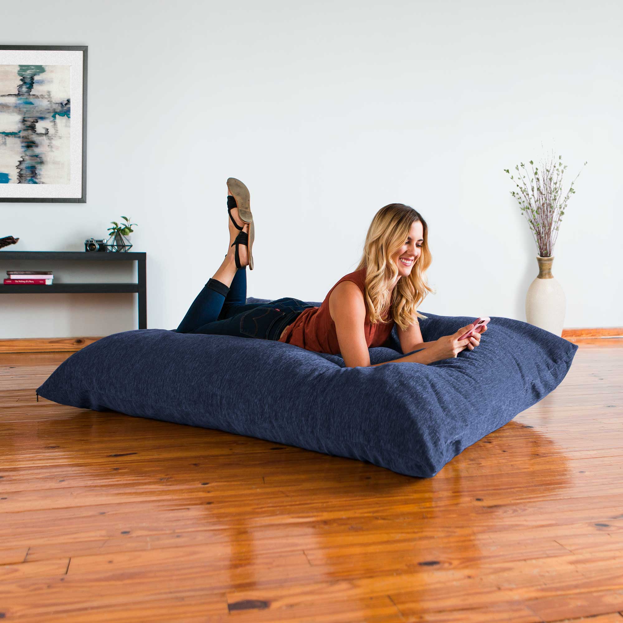 Angle. Jaxx - Jaxx Bean Bags Jaxx 5.5 ft Pillow Saxx Bean Bag, Navy Blue - Premium Chenille - Navy.