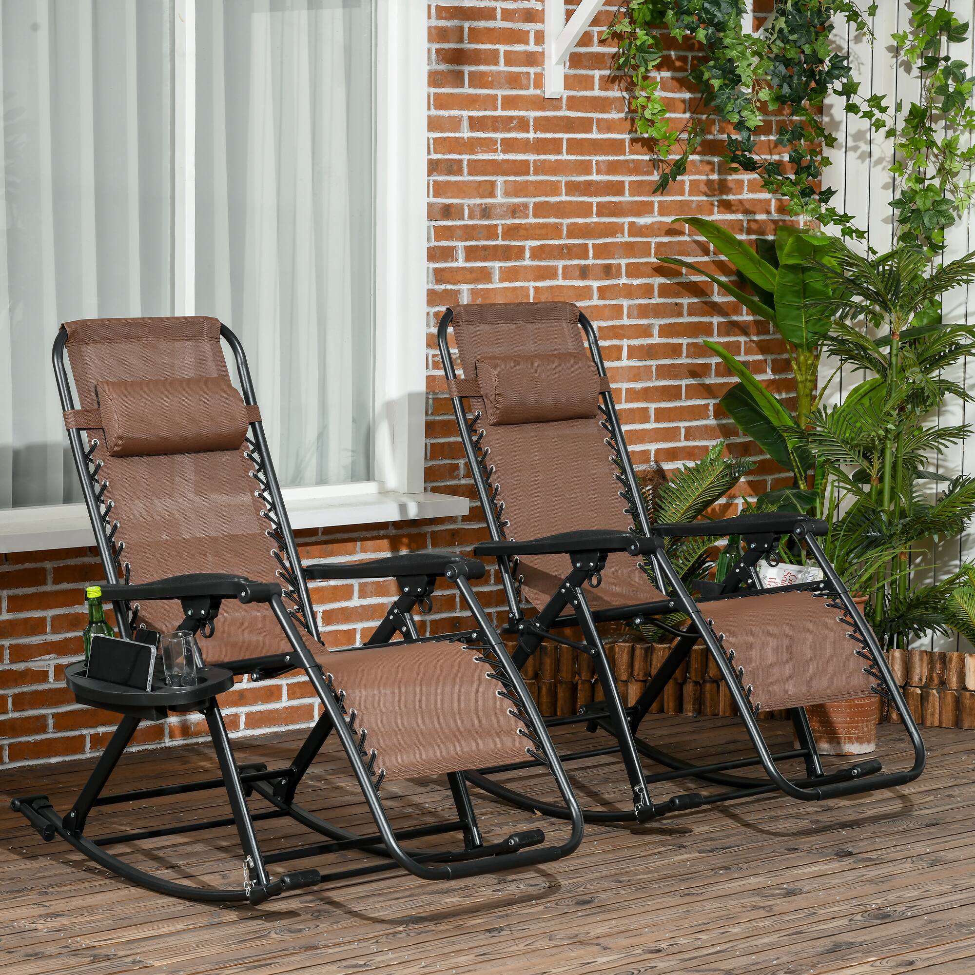 Alt View 1. Outsunny - Set of 2 Outdoor Rocking Chairs, Foldable Reclining Zero Gravity Lounge Rocker with Pillow, Cup & Phone Holder - Brown.