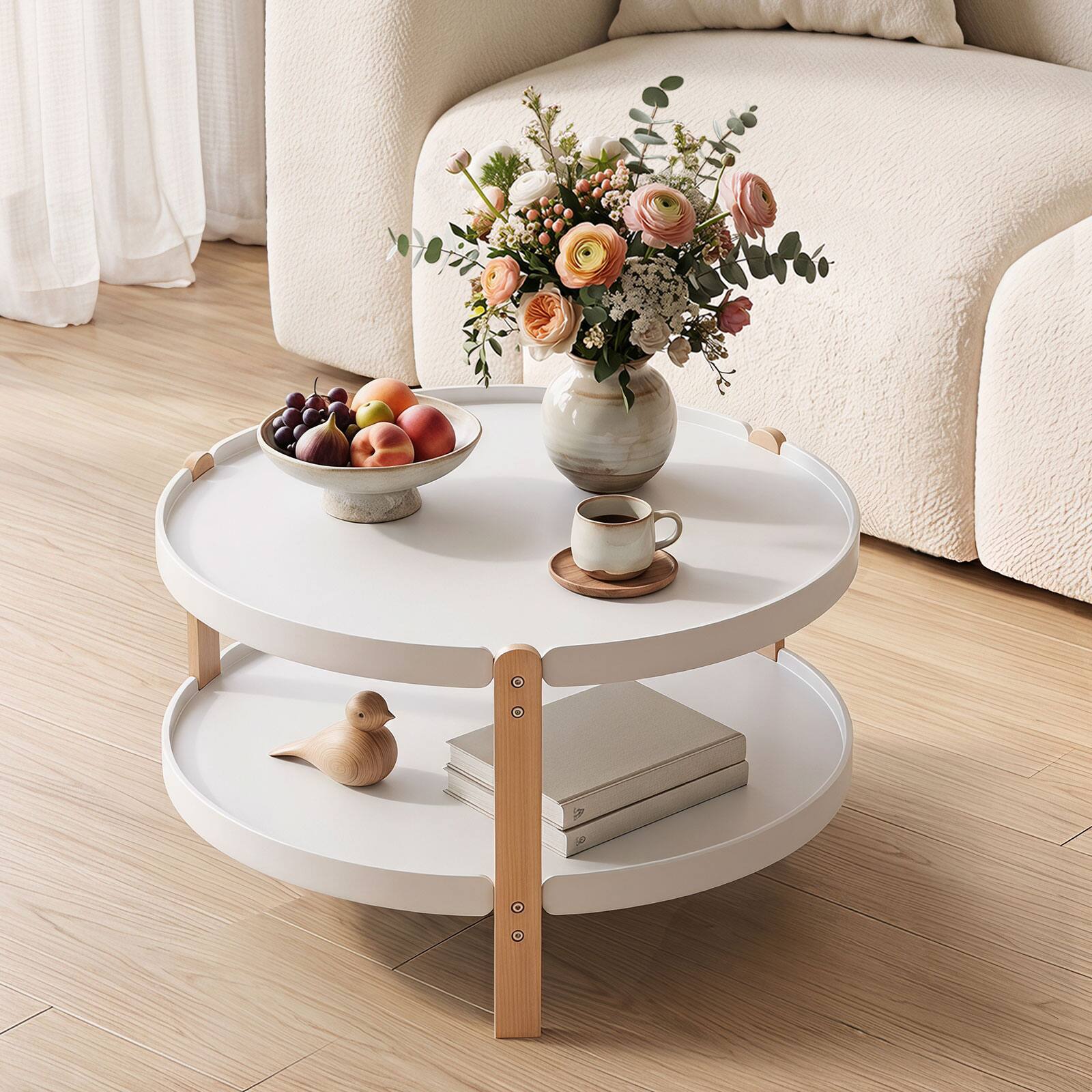 Alt View 1. Costway - Costway 23.5" 2-Tier Round Coffee Table with Storage, Solid Wood Legs & Open Storage Shelf - White.