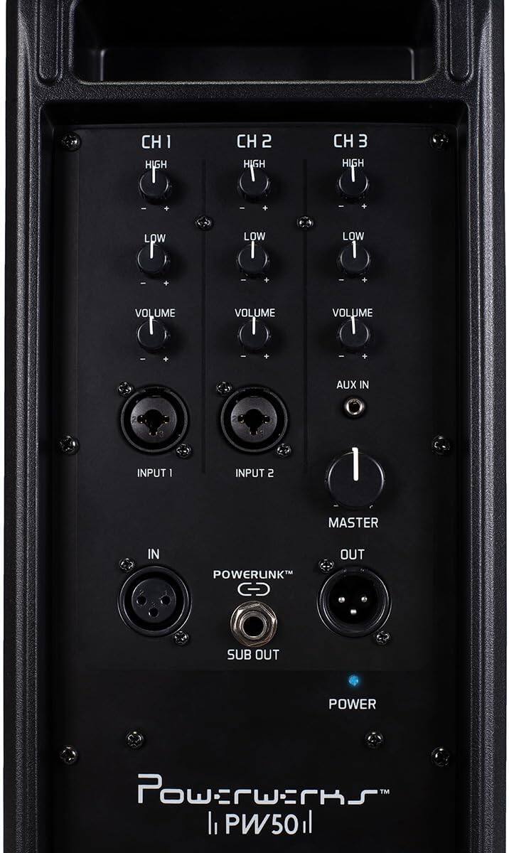 CH 1 HIGH  
CH 2 HIGH  
CH 3 HIGH  

LOW  
LOW  
LOW  

VOLUME  
VOLUME  
VOLUME  

AUX IN  
INPUT 1  
INPUT 2  

MASTER  

POWER  
OUT  
SUB OUT  

POWERWERKS  
PW50