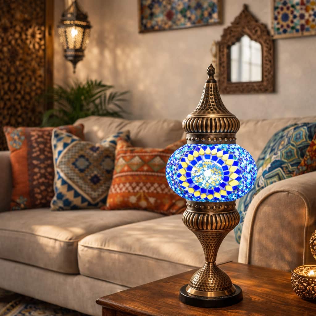 FC Design - 18"H Antique Bronze Base Blue Starburst Mosaic Turkish Lamp