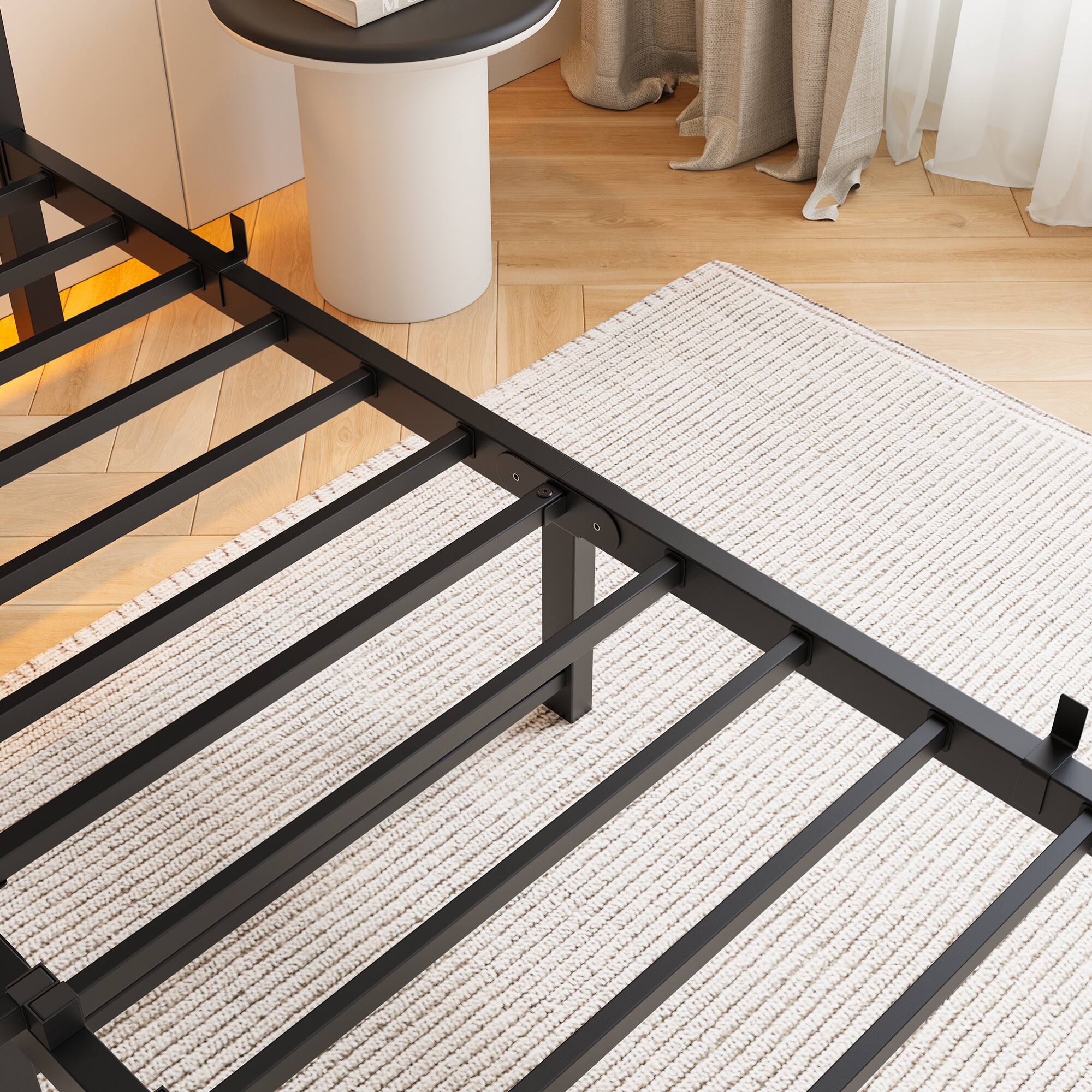 Alt View 5. GOODSILO - Full Size Metal Bed Frame with Wooden Headboard, RGB Lights, Charging Ports, Storage Shelf, Noise-Free Design - Beige+Brown.