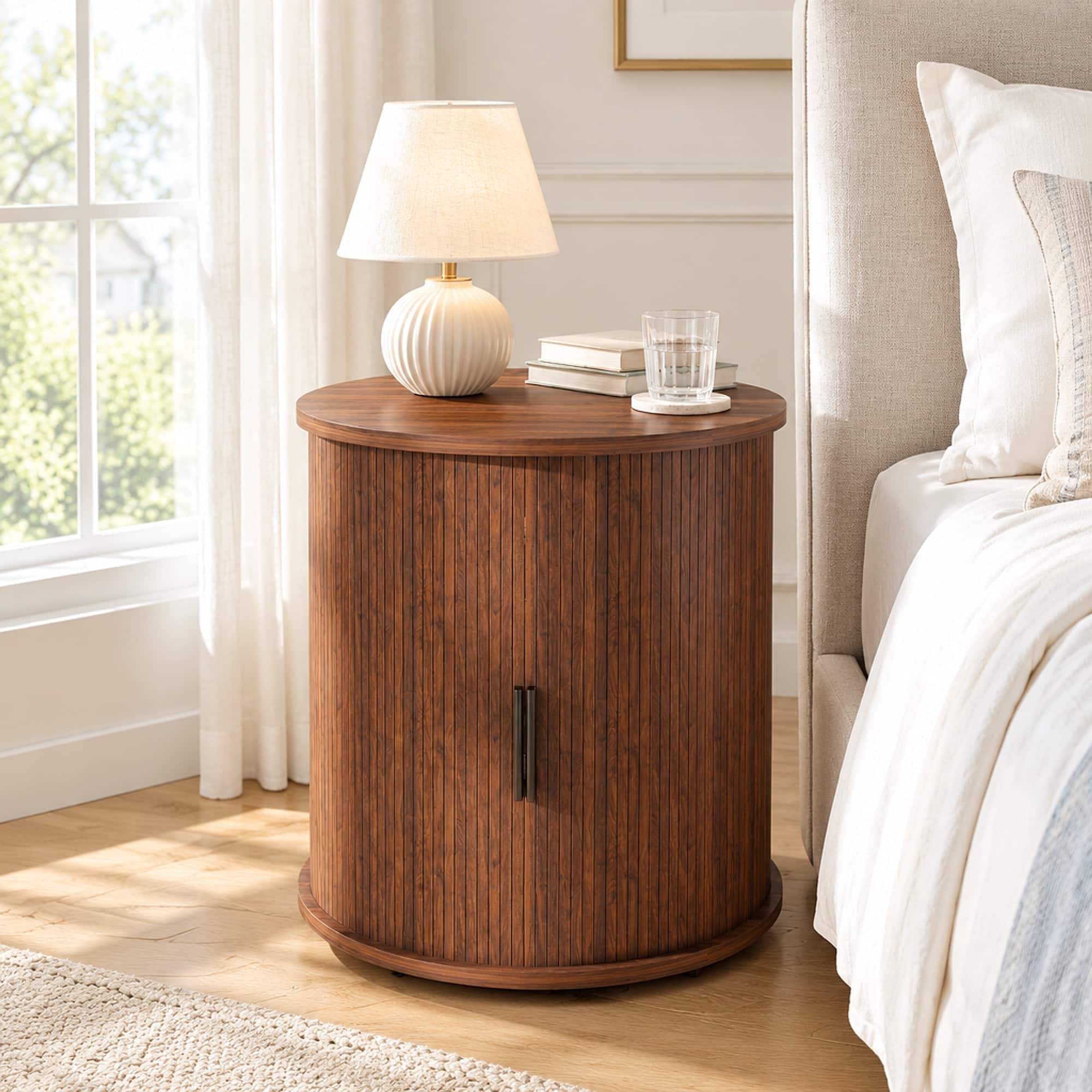 RYHNUYNE - Mid Century Modern Round End Table, Finish, Built-In Charging Station, 2-Tier Storage, Sliding Door - Walnut