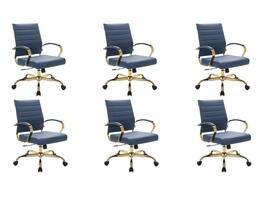 LeisureMod - (Set of 6) Benmar Ergonomic Leather Office Chair with Chrome Gold Steel Frame and Cushioned Armrests for Home Office - Navy Blue