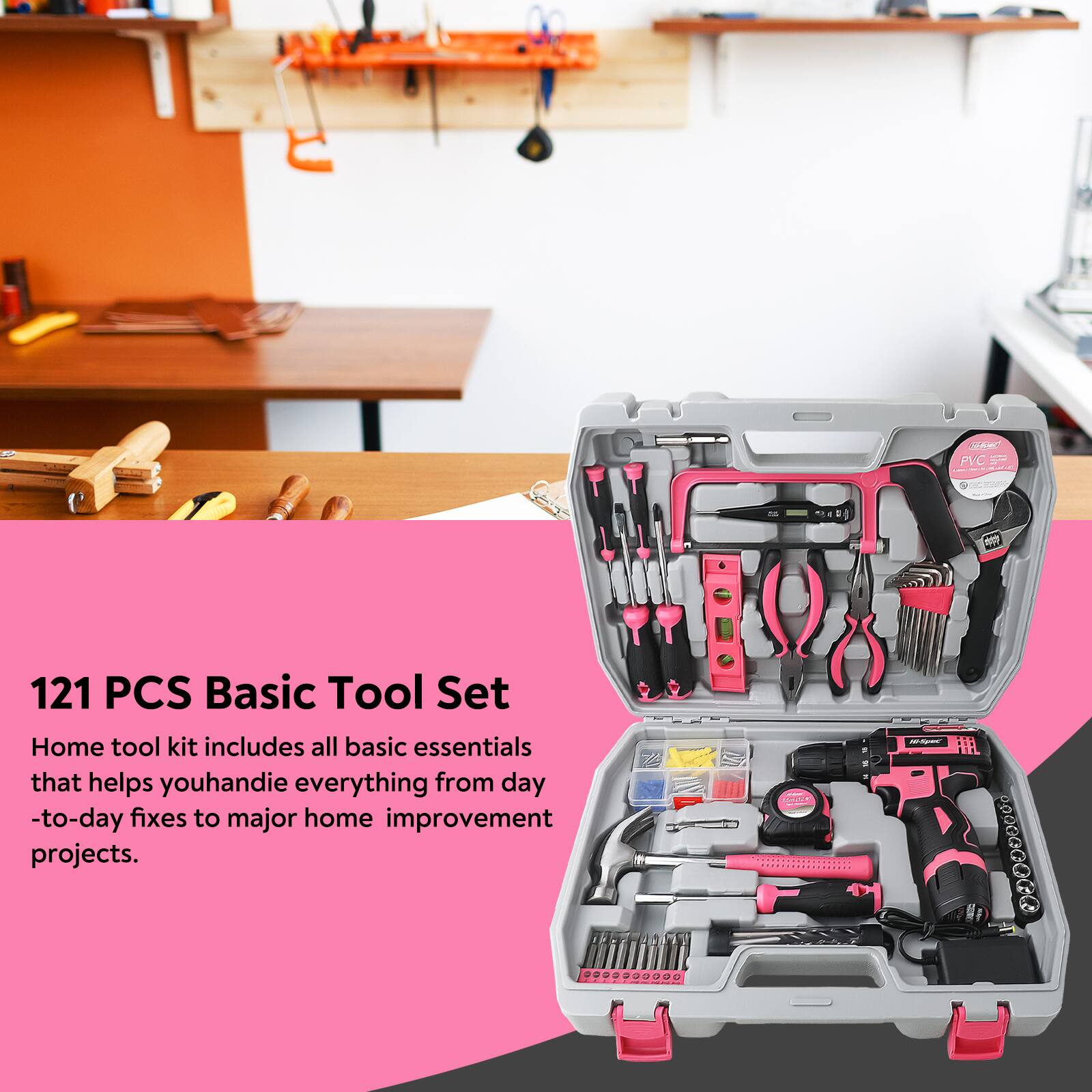 121 PCS Basic Tool Set

Home tool kit includes all basic essentials that helps you handle everything from day-to-day fixes to major home improvement projects.