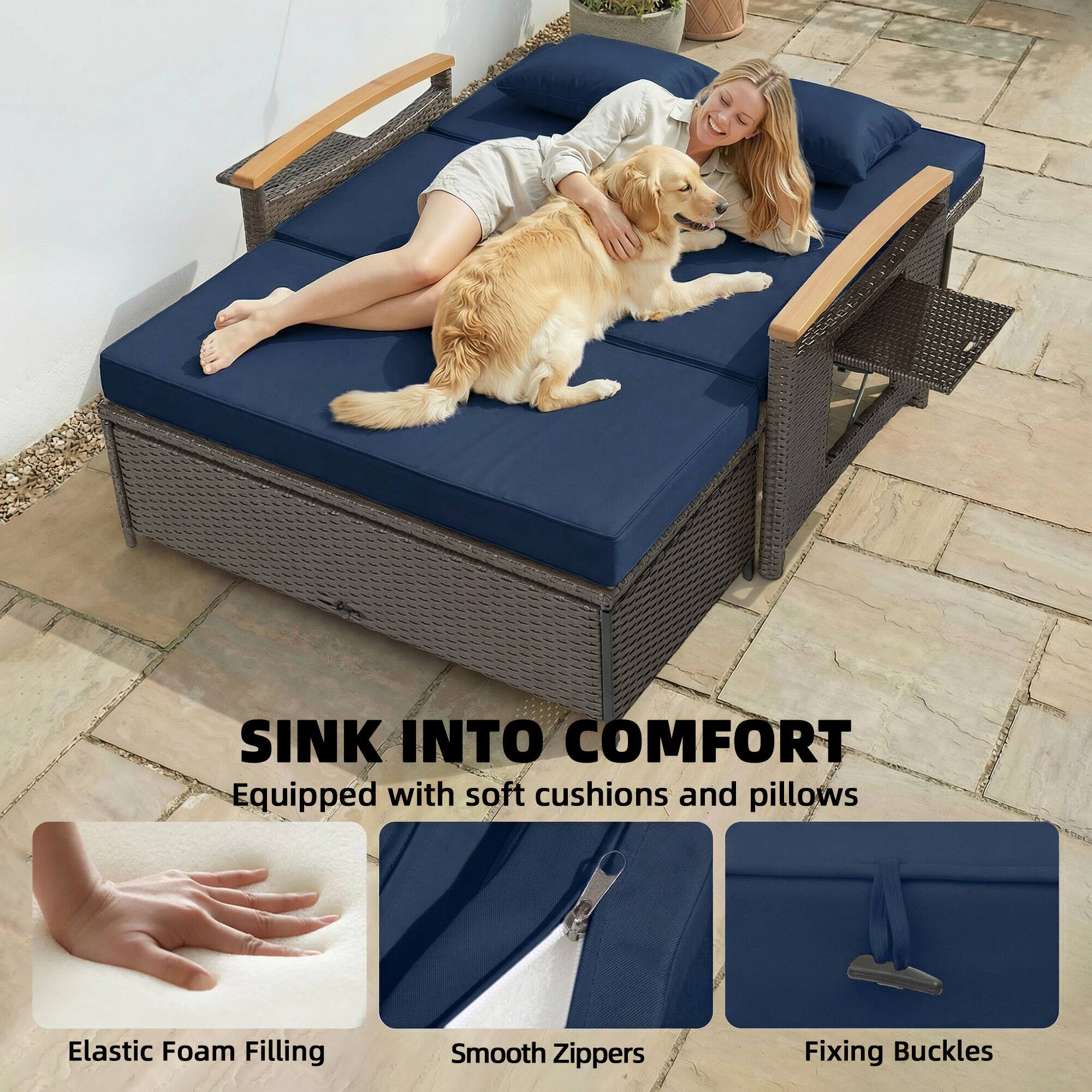 SINK INTO COMFORT  
Equipped with soft cushions and pillows  
Elastic Foam Filling  
Smooth Zippers  
Fixing Buckles