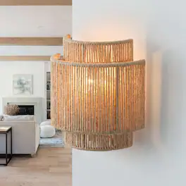 Parrot Uncle - 1-Light Farmhouse Rattan Wall Sconce, Rustic Hemp Rope & Metal Cage Wall Lamp for Bedroom, Hallway, and Entryway - Brown