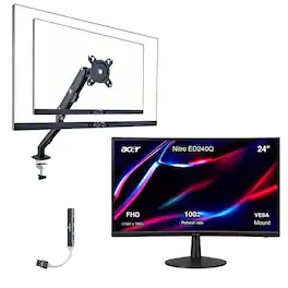 Acer - Nitro ED240Q FreeSync FHD Monitor, VESA Mount (100mm), HDMI w/DKZ Hub, (UM.UE0AA.H01) & Ergoflexy Single Mount Arm - Black