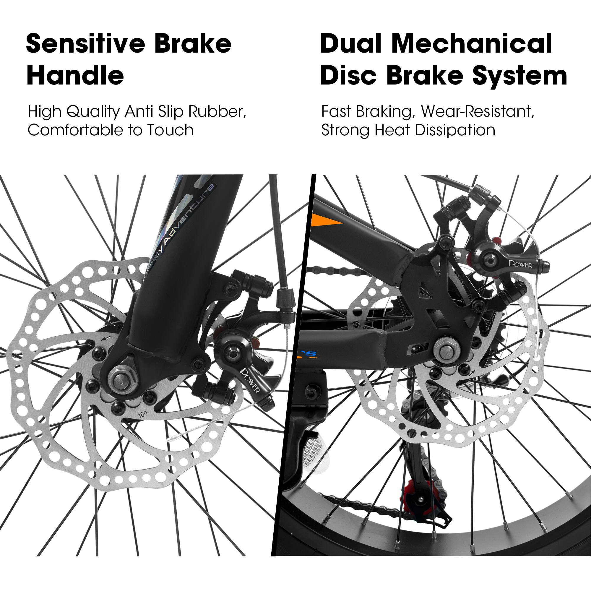 Sensitive Brake Handle  
High Quality Anti Slip Rubber, Comfortable to Touch  

Dual Mechanical Disc Brake System  
Fast Braking, Wear-Resistant, Strong Heat Dissipation  

POMER 550 DOWER
