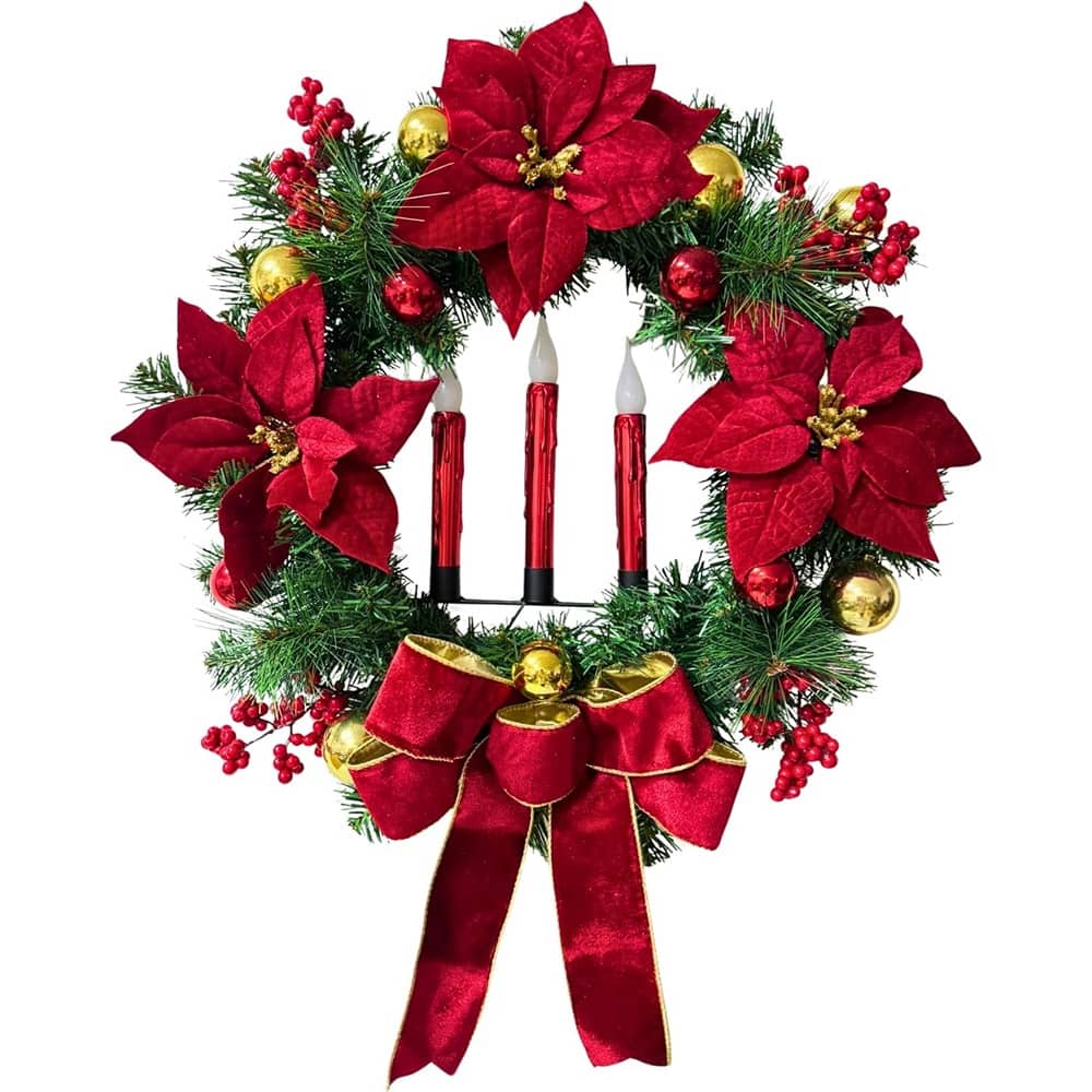 Schertz - 1" Lighted Christmas Wreath – Poinsettia, Red Candles, Pine, Velvet Bow - Green, Red