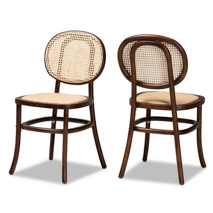 Front. Baxton Studio - Garold Mid-Century Modern Woven Rattan and Wood 2-Piece Cane Dining Chair Set - Beige/Walnut Brown.