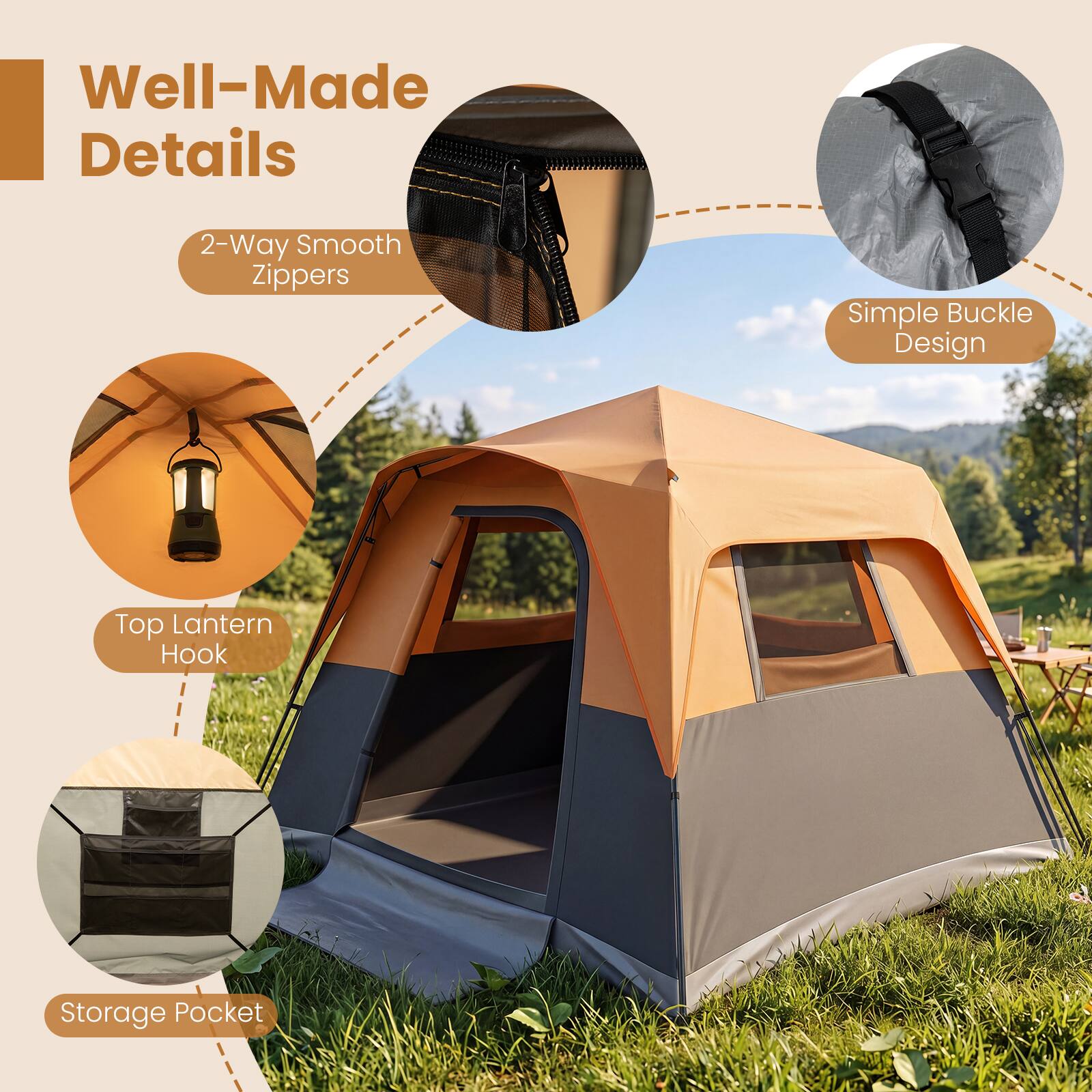 Well-Made Details  
2-Way Smooth Zippers  
Simple Buckle Design  
Top Lantern Hook  
Storage Pocket