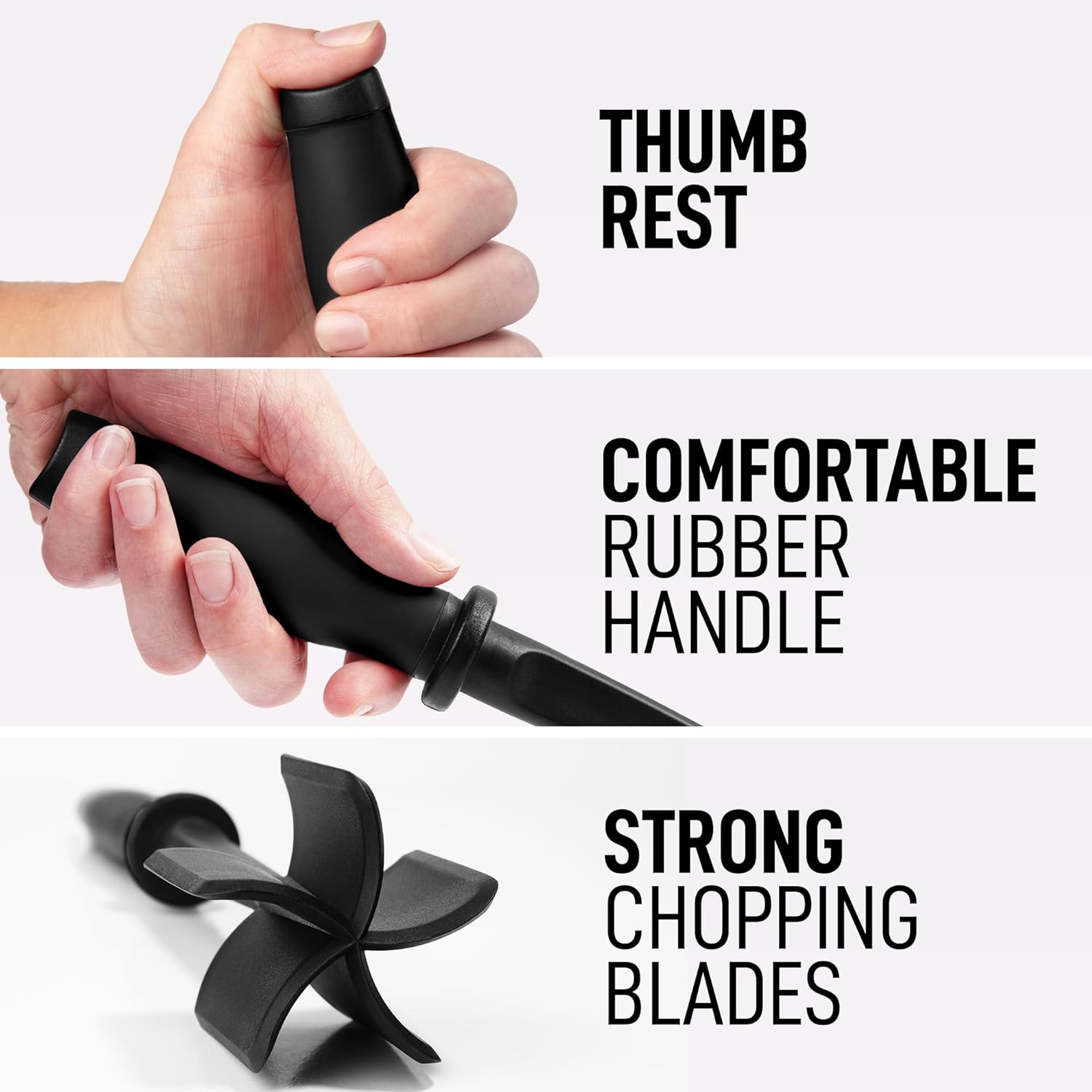 THUMB REST
COMFORTABLE RUBBER HANDLE
STRONG CHOPPING BLADES