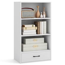 Costway - 42" Tall 4-tier Storage Shelf Wood Bookcase with Drawer Home Organizer Display Rack - White