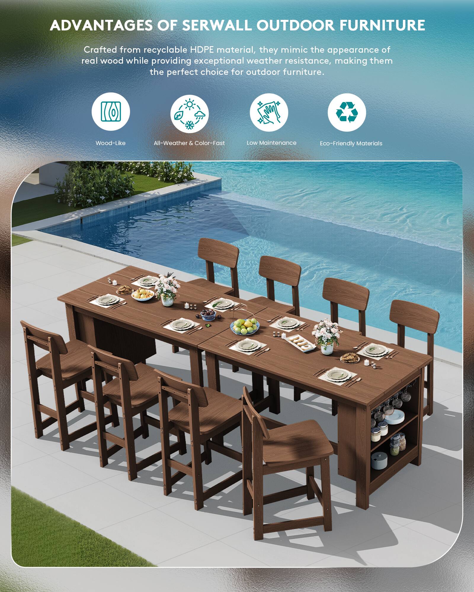 ADVANTAGES OF SERWALL OUTDOOR FURNITURE

Crafted from recyclable HDPE material, they mimic the appearance of real wood while providing exceptional weather resistance, making them the perfect choice for outdoor furniture.

- Wood-Like
- All-Weather & Color-Fast
- Low Maintenance
- Eco-Friendly Materials