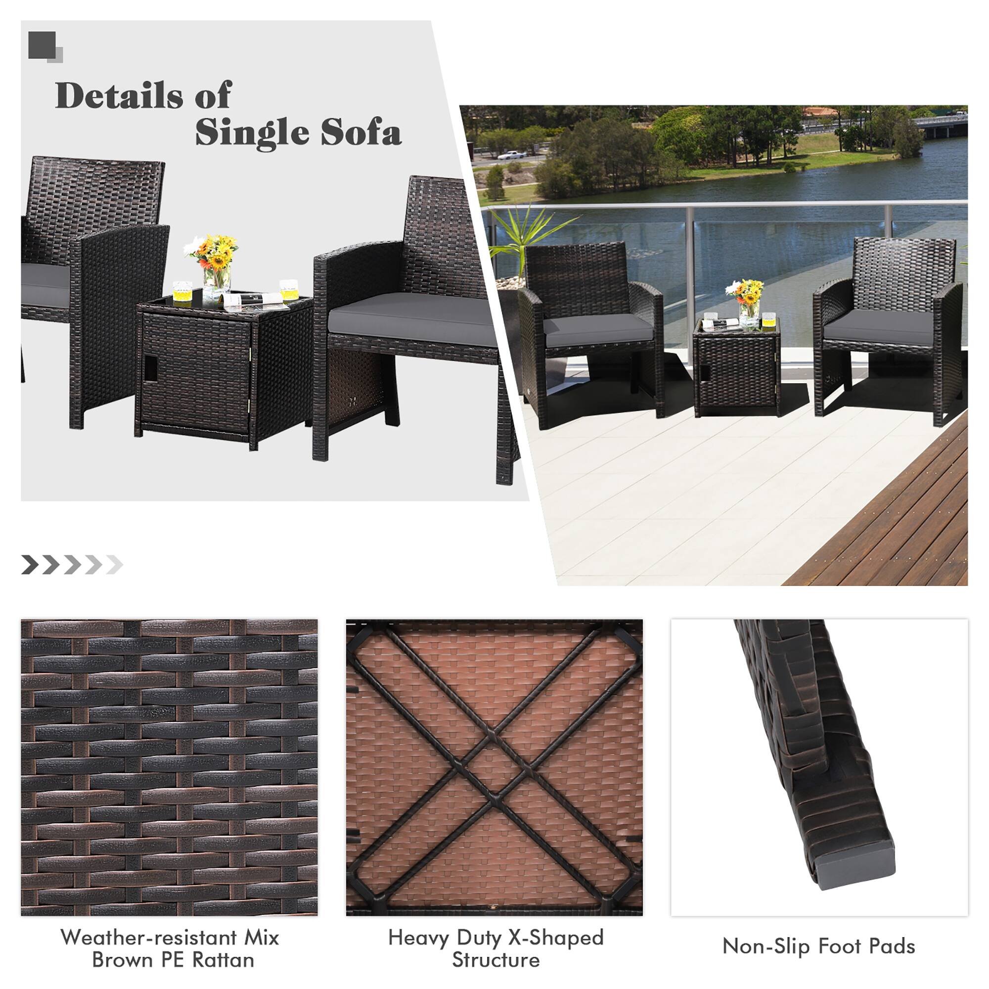 Details of Single Sofa:
- Weather-resistant mix
- Brown PE Rattan
- Heavy Duty X-Shaped Structure
- Non-slip foot pads