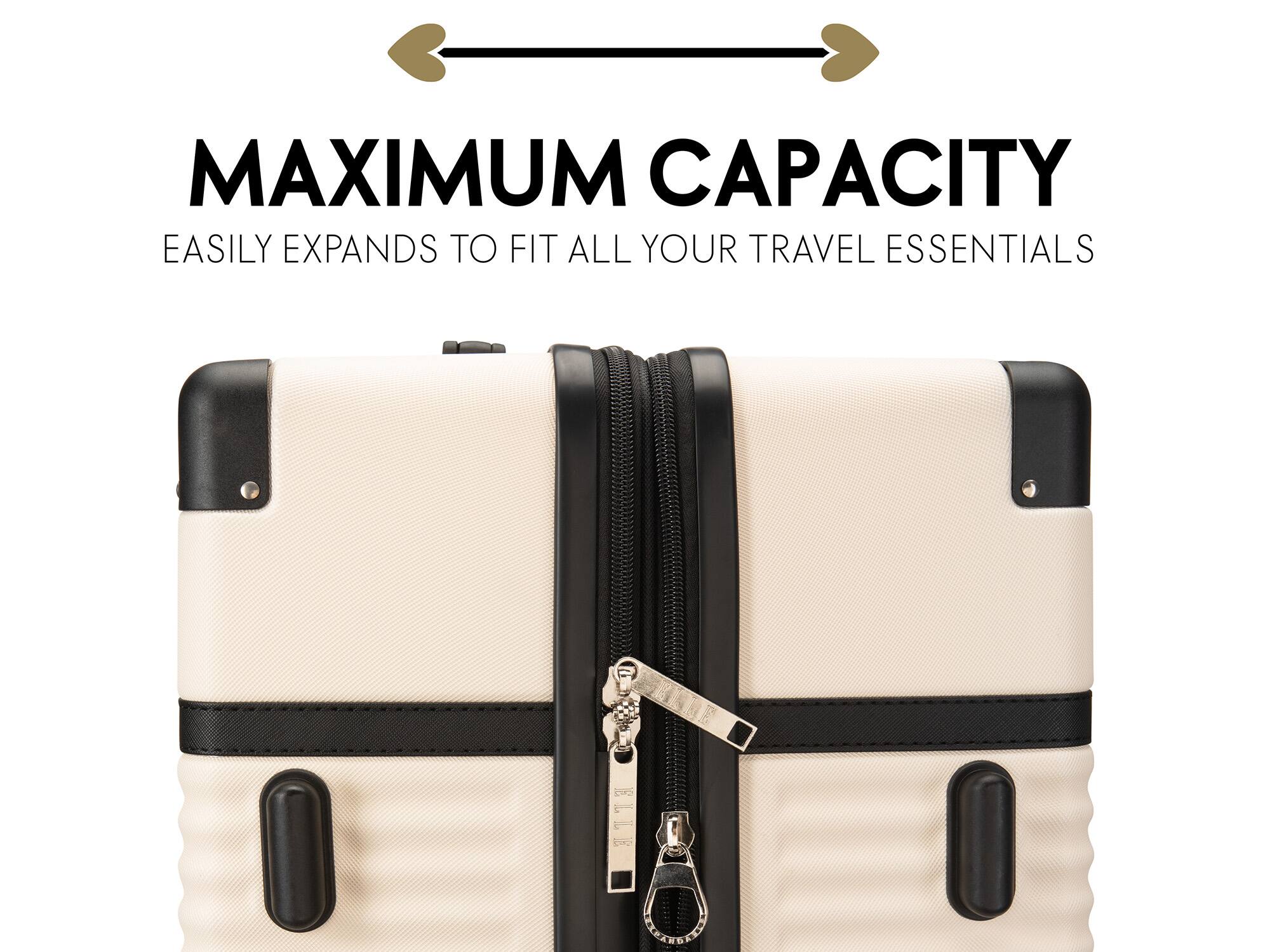 A MAXIMUM CAPACITY EASILY EXPANDS TO FIT ALL YOUR TRAVEL ESSENTIALS B