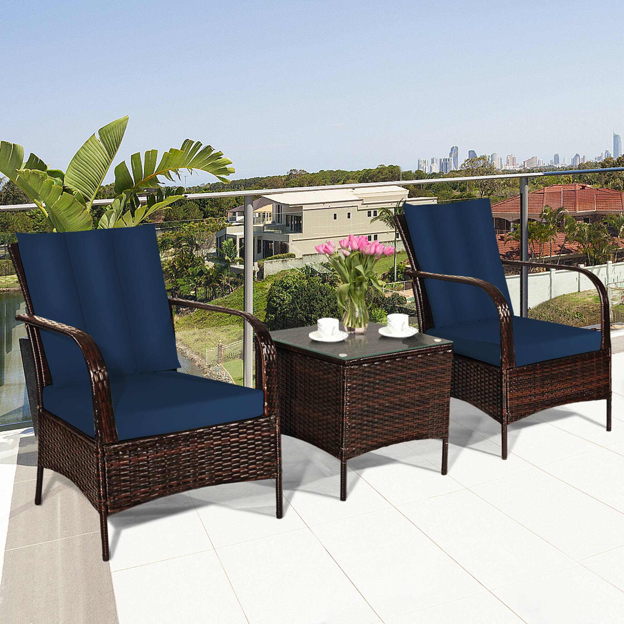 Alt View 3. Gymax - Gymax 3PCS Rattan Patio Conversation Set Outdoor Furniture Set w/ Table Cushions - Navy.