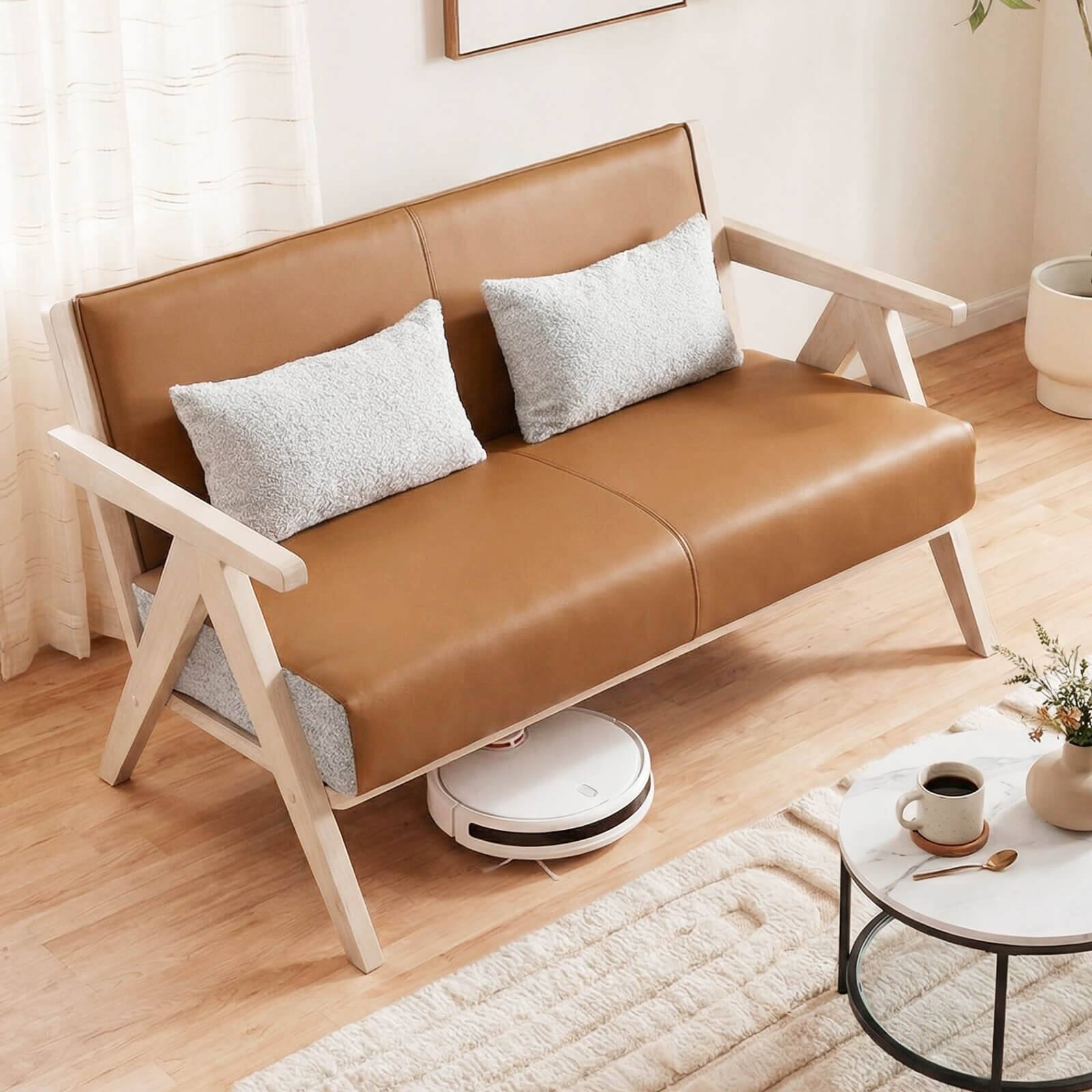 Alt View 1. Costway - Costway Loveseat Sofa for Small Spaces Artificial Leather Armchair with Throw Pillows - Brown.