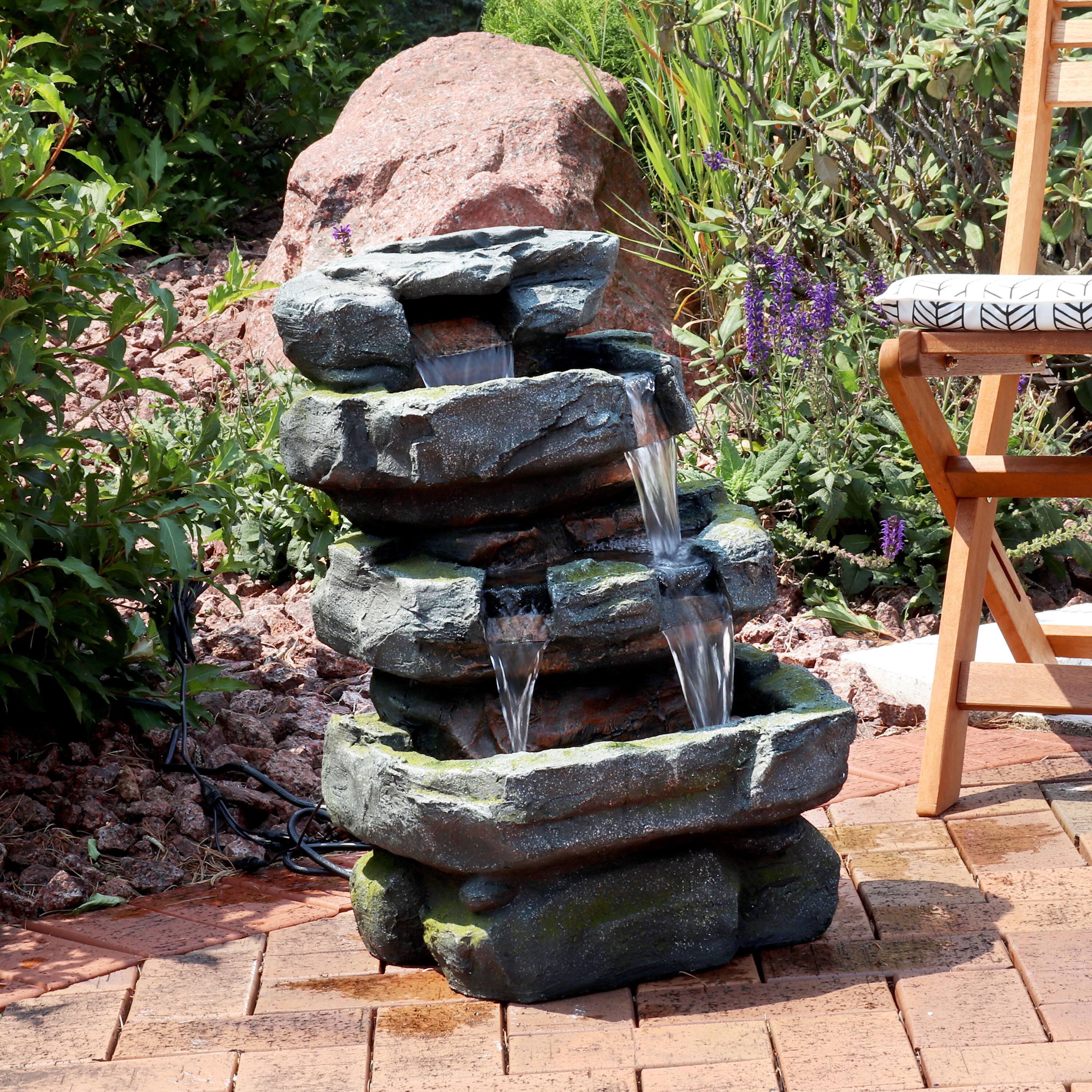Alt View 3. Sunnydaze - Electric Tiered Stone Waterfall Fountain with LED Lights - 23 in - Light Brown.