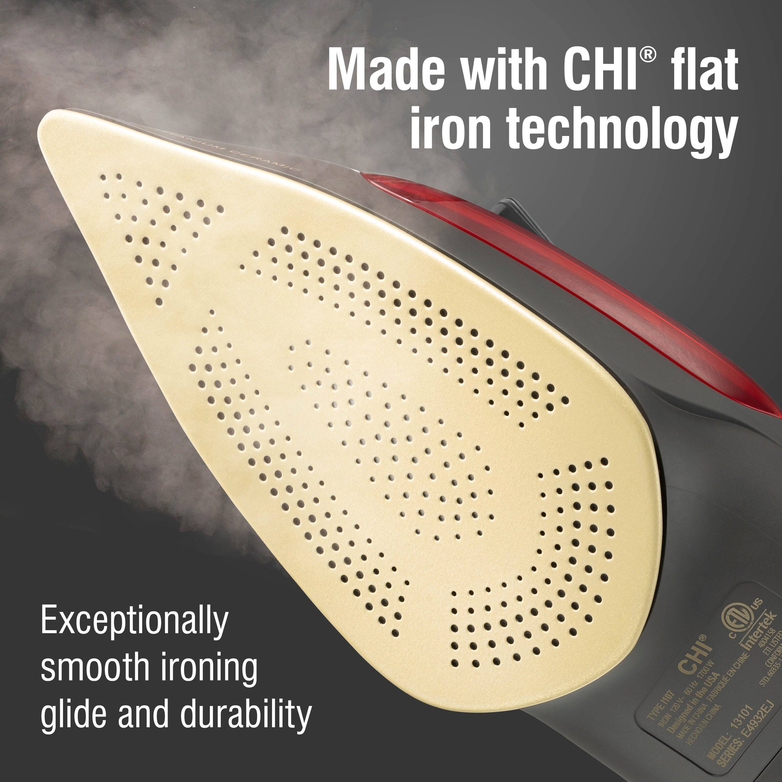 Made with CHI® flat iron technology  
Exceptionally smooth ironing glide and durability  

US E Intertek  
CHI ETLUSTE M.002  
CHNE I 60535-P  
H2 USA  
FABRIQUE SID 20M1  
120V  
TYPE BRON  
Designed in WBOR  
WIO 13101 E4932EJ  
MADE  
MODEL: SERIES:
