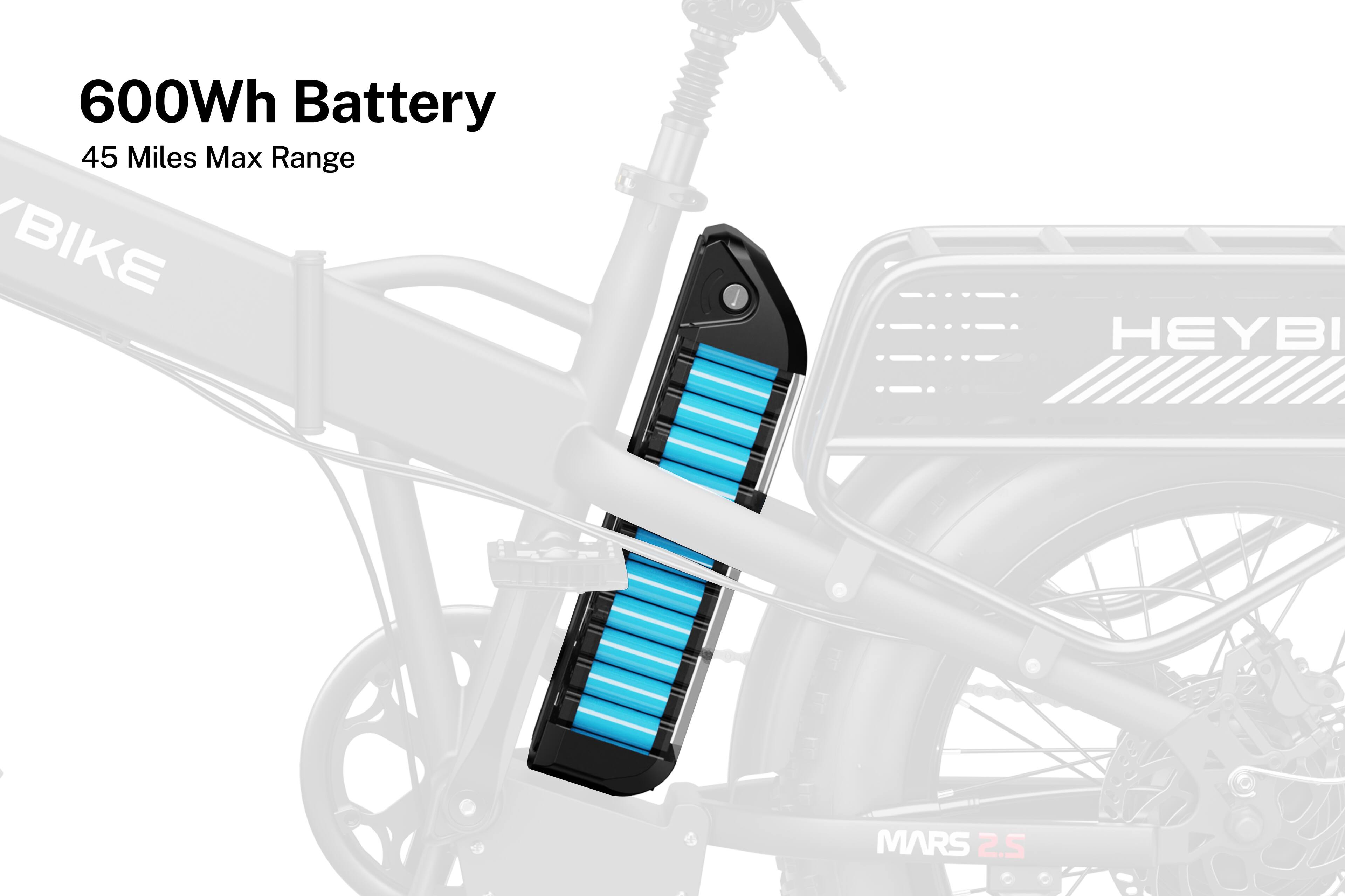 600Wh Battery  
45 Miles Max Range  
HEYBIKE MARS 2.5