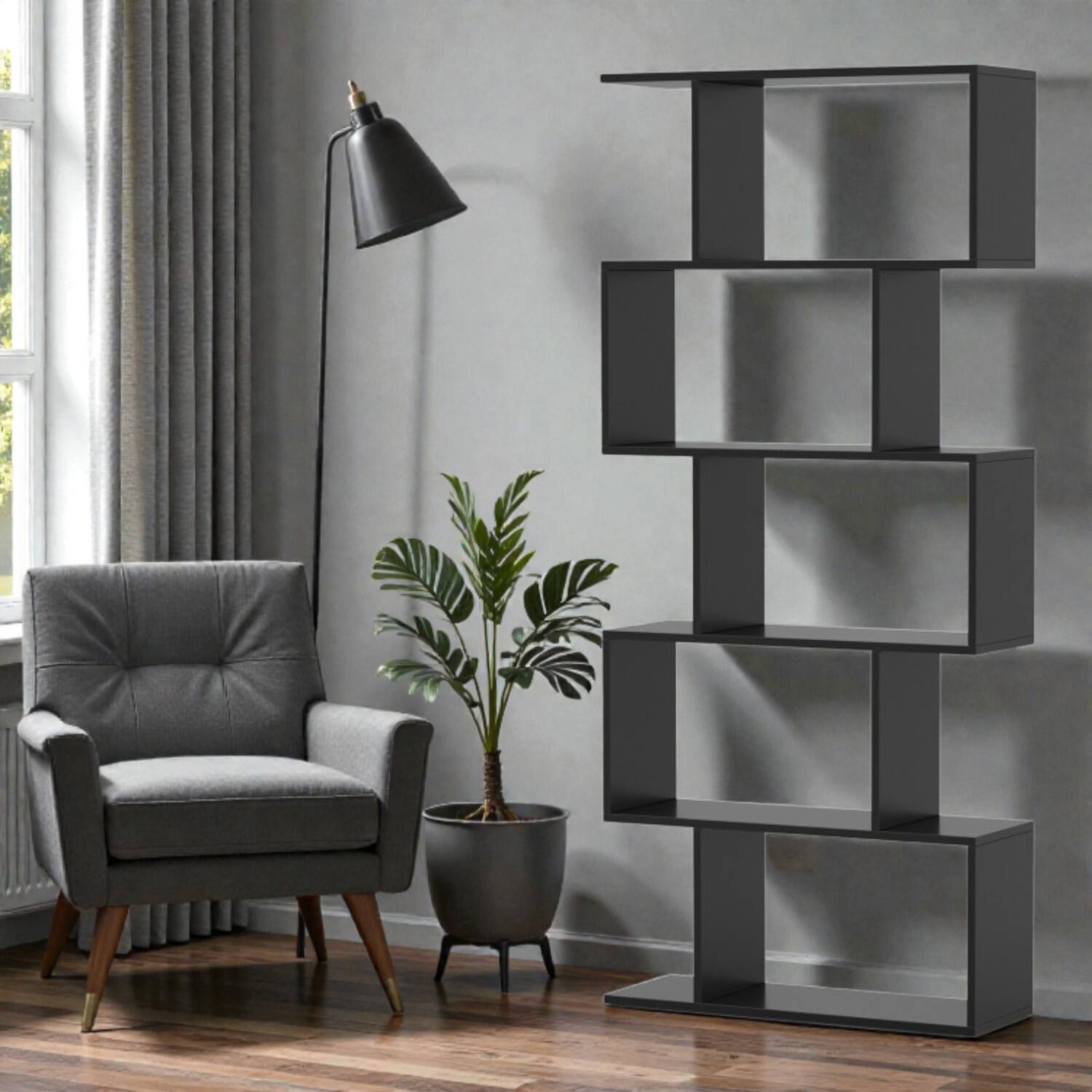 Front. Hivvago - Modern 5-Layer Storage Shelf with Anti-Fall Design for Living Room - Black.