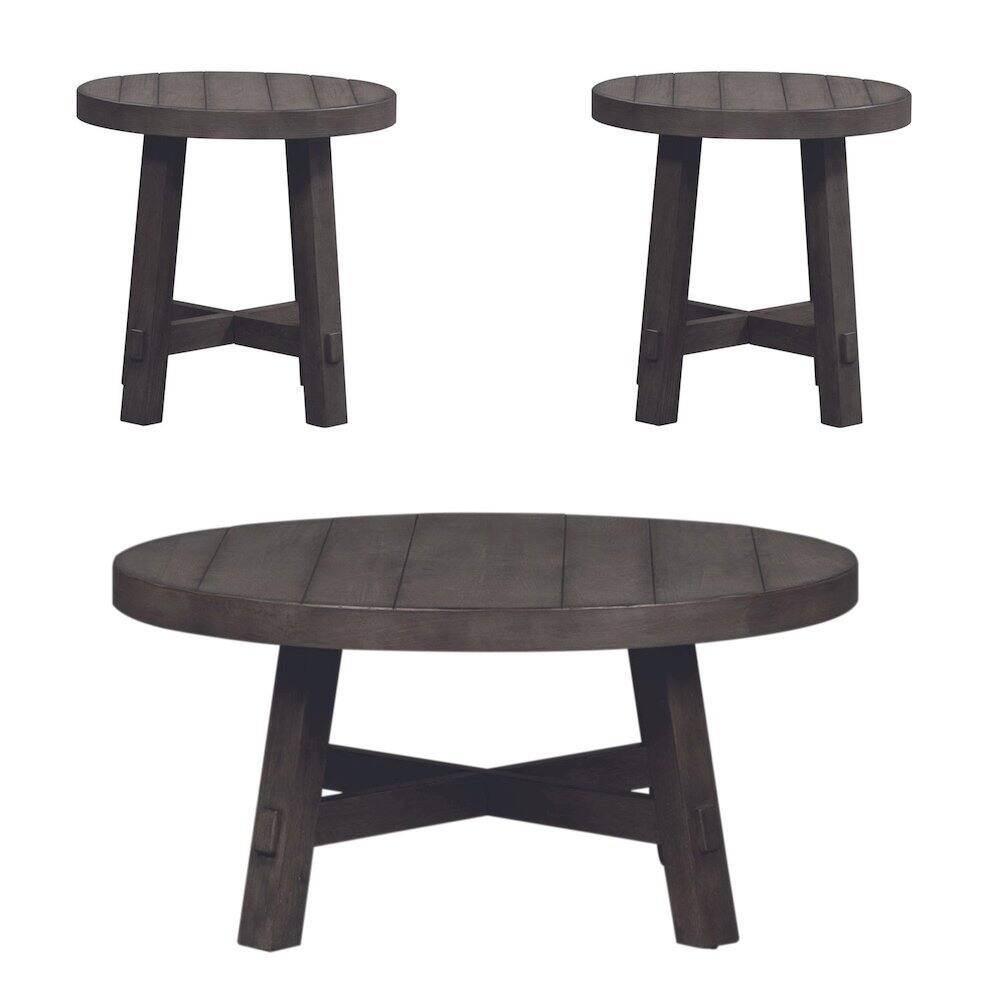 Left. Liberty Furniture Industries - 3 Piece Living Room Set - Cocktail table, 2 End Tables - Charcoal Oak Wood - Dusty Charcoal W/ Heavy Distressing.