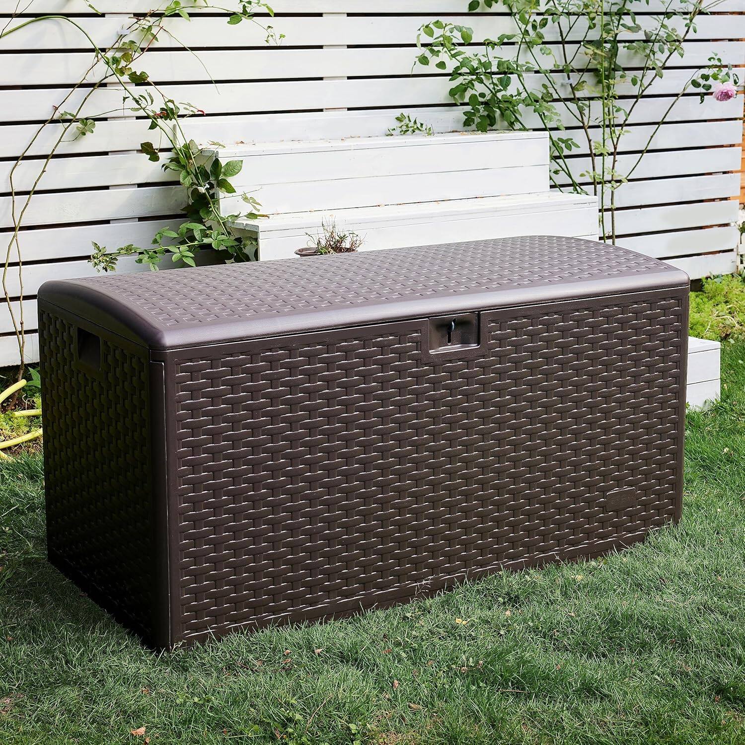 Angle. Yardgrace - 99-Gallon Lockable Outdoor Storage Box,  Chest for Patio Cushions, Garden Tools and Pool Accessories - Brown.