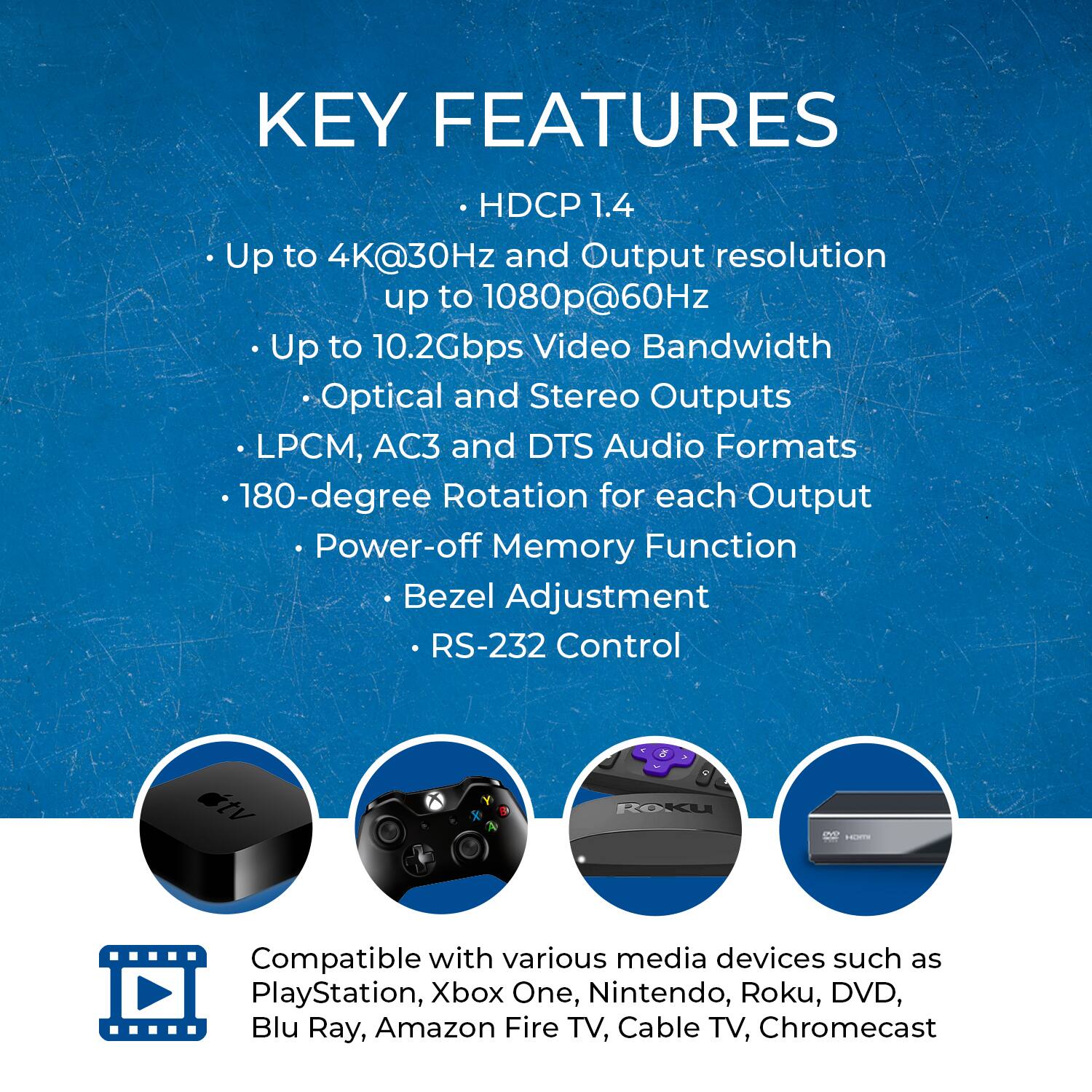 **Key Features:**

- **HDCP 1.4**
- **Up to 4K@30Hz and Output resolution up to 1080p@60Hz**
- **Up to 10.2Gbps Video Bandwidth**
- **Optical and Stereo Outputs**
- **LPCM, AC3, and DTS Audio Formats**
- **180-degree Rotation for each Output**
- **Power-off Memory Function**
- **Bezel Adjustment**
- **RS-232 Control**

**Compatible with various media devices such as:**
- PlayStation
- Xbox One
- Nintendo
- Roku
- DVD
- Blu-ray
- Amazon Fire TV
- Cable TV
- Chromecast