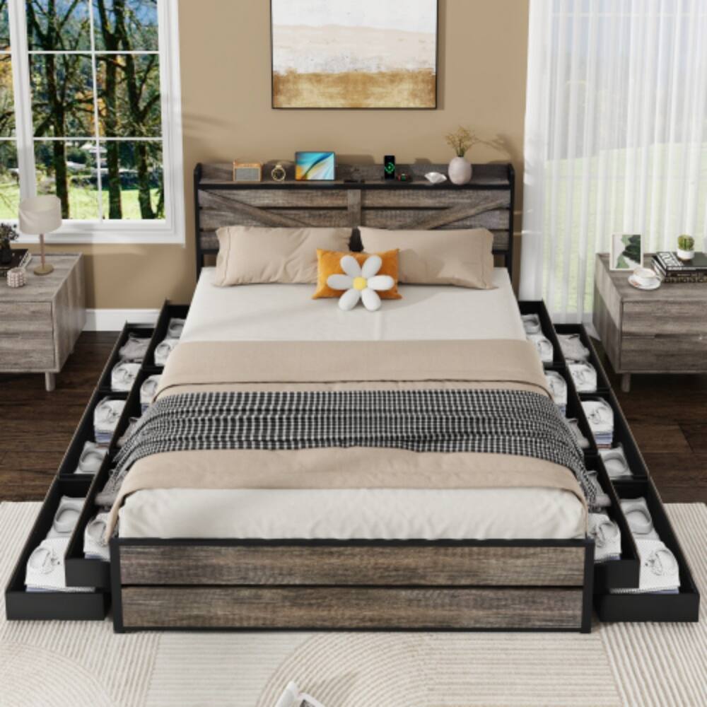 Angle. LUCKY ONE - King Size Bed Frame with Storage Headboard, 12 Drawers, USB Charging Station, All-Metal Support, No Box Spring Needed - Oak.