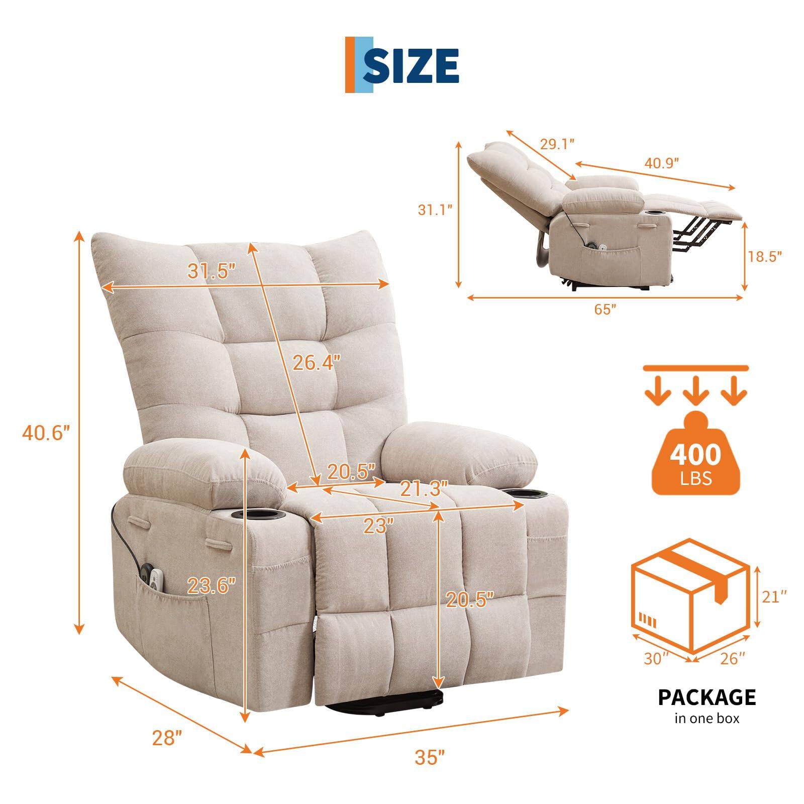 - **Size:**
  - 29.1" (height of the recliner)
  - 40.9" (width of the recliner)
  - 31.1" (depth of the recliner)
  - 18.5" (depth of the recliner when reclined)
  - 65" (width of the recliner when reclined)
  - 31.5" (height of the backrest)
  - 26.4" (height of the seat)
  - 40.6" (height of the armrest)
  - 20.5" (depth of the seat)
  - 21.3" (depth of the armrest)
  - 35" (depth of the recliner when reclined)
  - 28" (width of the base)
  - 23" (width of the armrest)
  - 23.6" (width of the recliner when reclined)
  - 20.5" (depth of the recliner when reclined)

- **Weight Capacity:**
  - 400 LBS

- **Package:**
  -