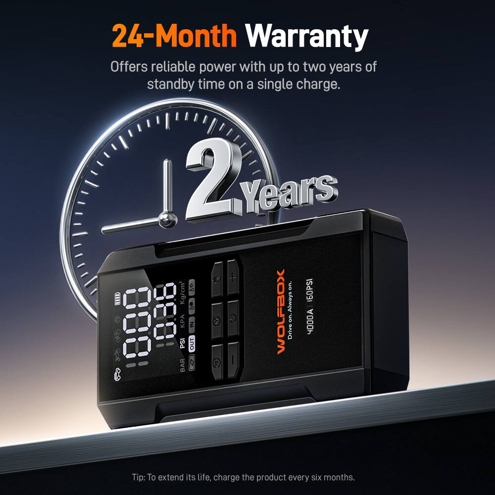 24-Month Warranty  
Offers reliable power with up to two years of standby time on a single charge.  

2 Years +  
160 PSI TD Kg/cm  

Always  
1888 PSI OUT IN  

WOLFBOX  
Drive on 4000 BAR  

Tip: To extend its life, charge the product every six months.