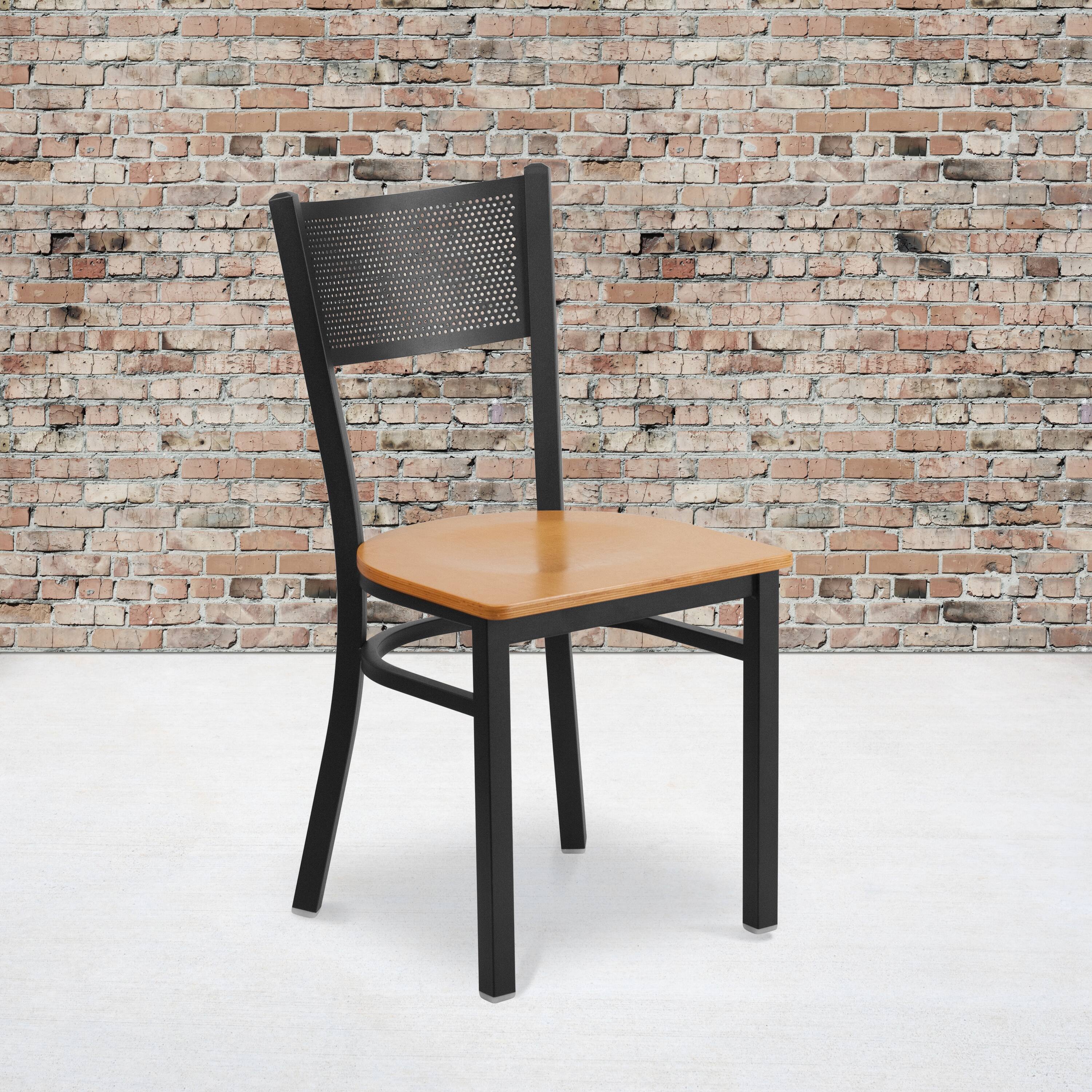 Alt View 1. Emma + Oliver - Grid Back Metal Restaurant Dining Chair - Natural Wood Seat/Black Metal Frame.
