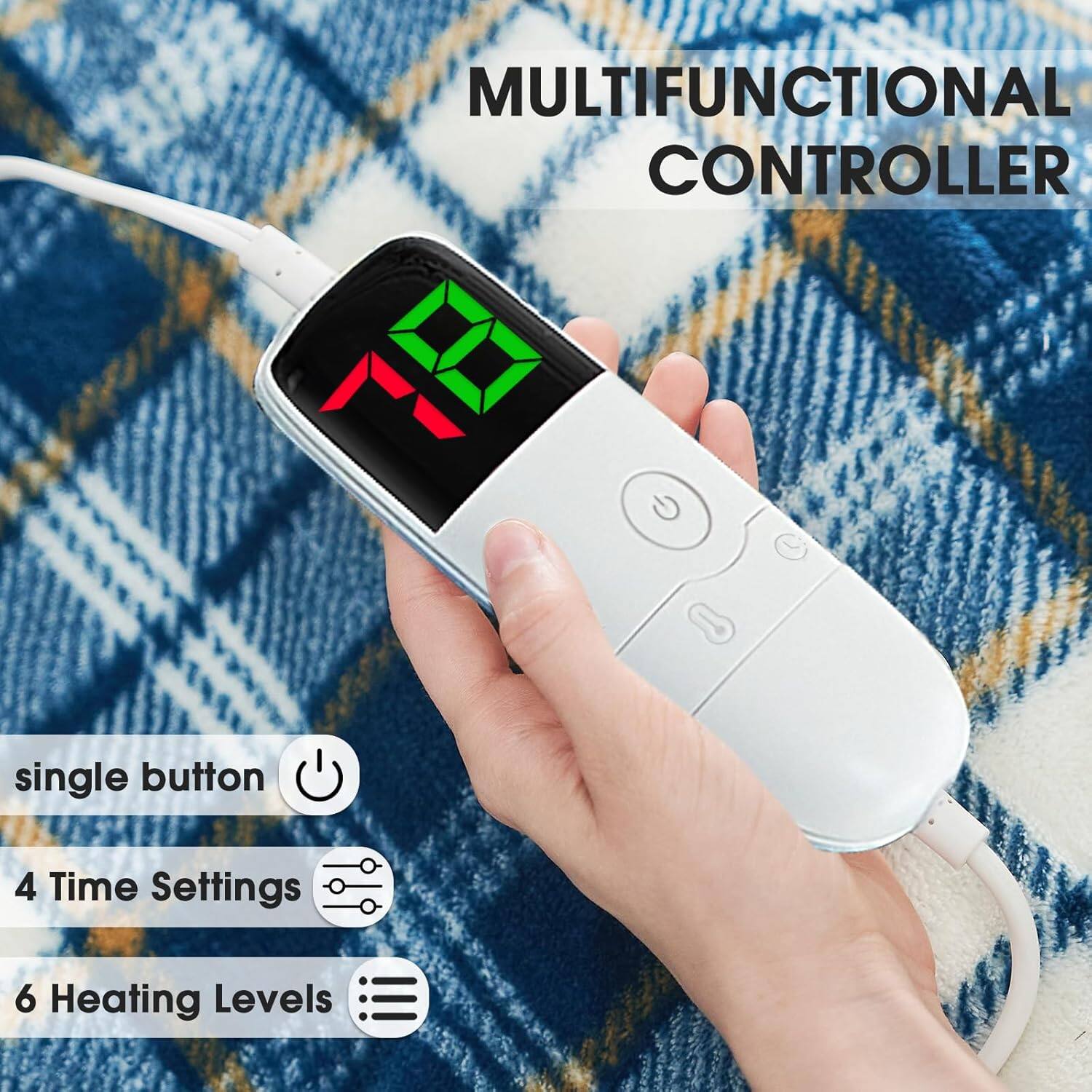 Back. blue - Paaaawaters Heated Blanket Electric Throw, Heating Throw with 10 Levels 8 Hours Auto Off, Blue Plaid Sherpa - color:BlackPlaid+size:62"x84".