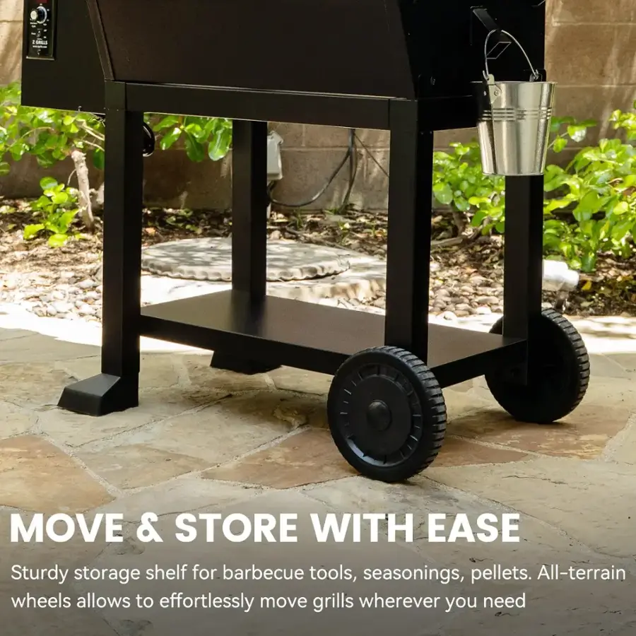 Move & Store with Ease: Sturdy storage shelf for barbecue tools, seasonings, pellets. All-terrain wheels allow you to effortlessly move grills wherever you need.
