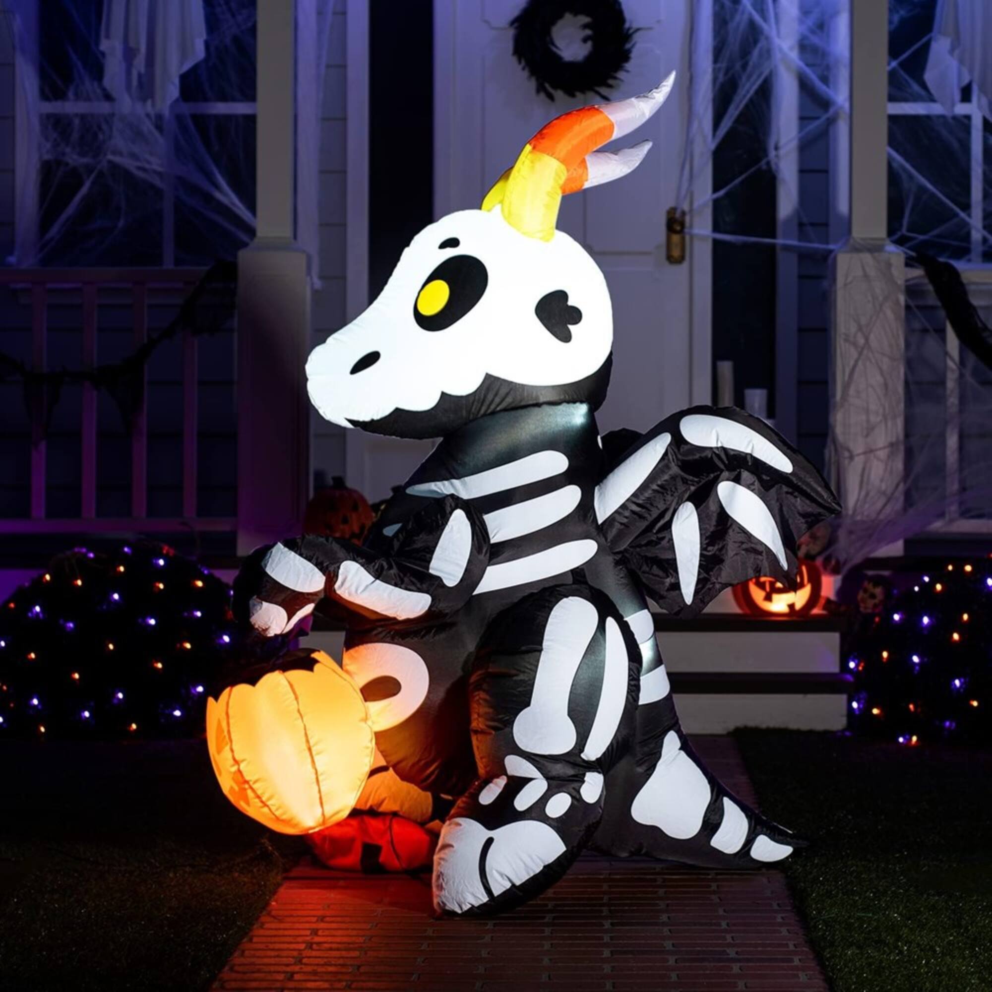Angle. Joyfy - 5FT Halloween Inflatable Decoration Cute Skeleton Dragon Inflatable with Build-in LEDs for Party Indoor Outdoor, Yard - Black.