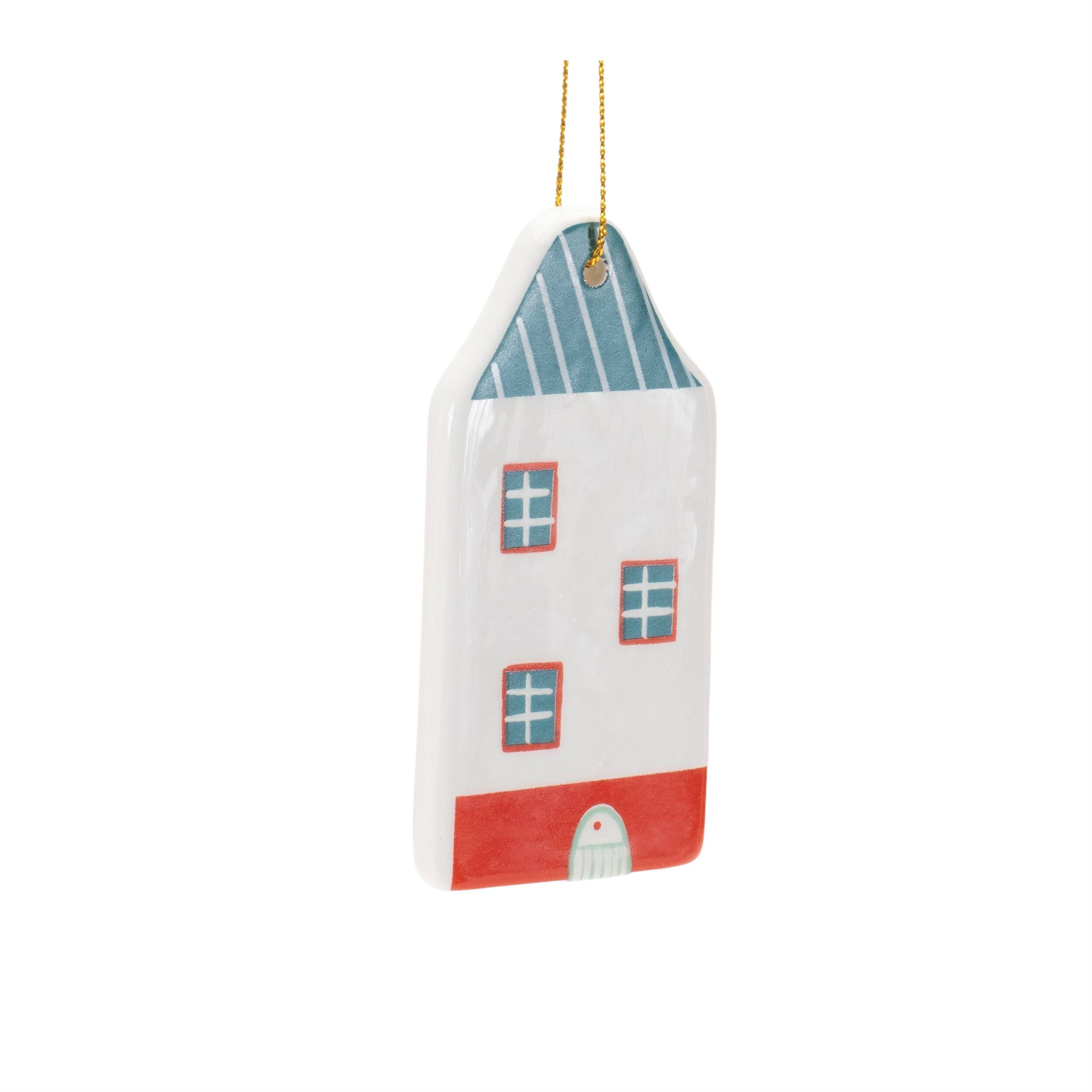 Left. BreeBe - Ceramic Winter House Ornament (Set of 12) - White, Red, Green.
