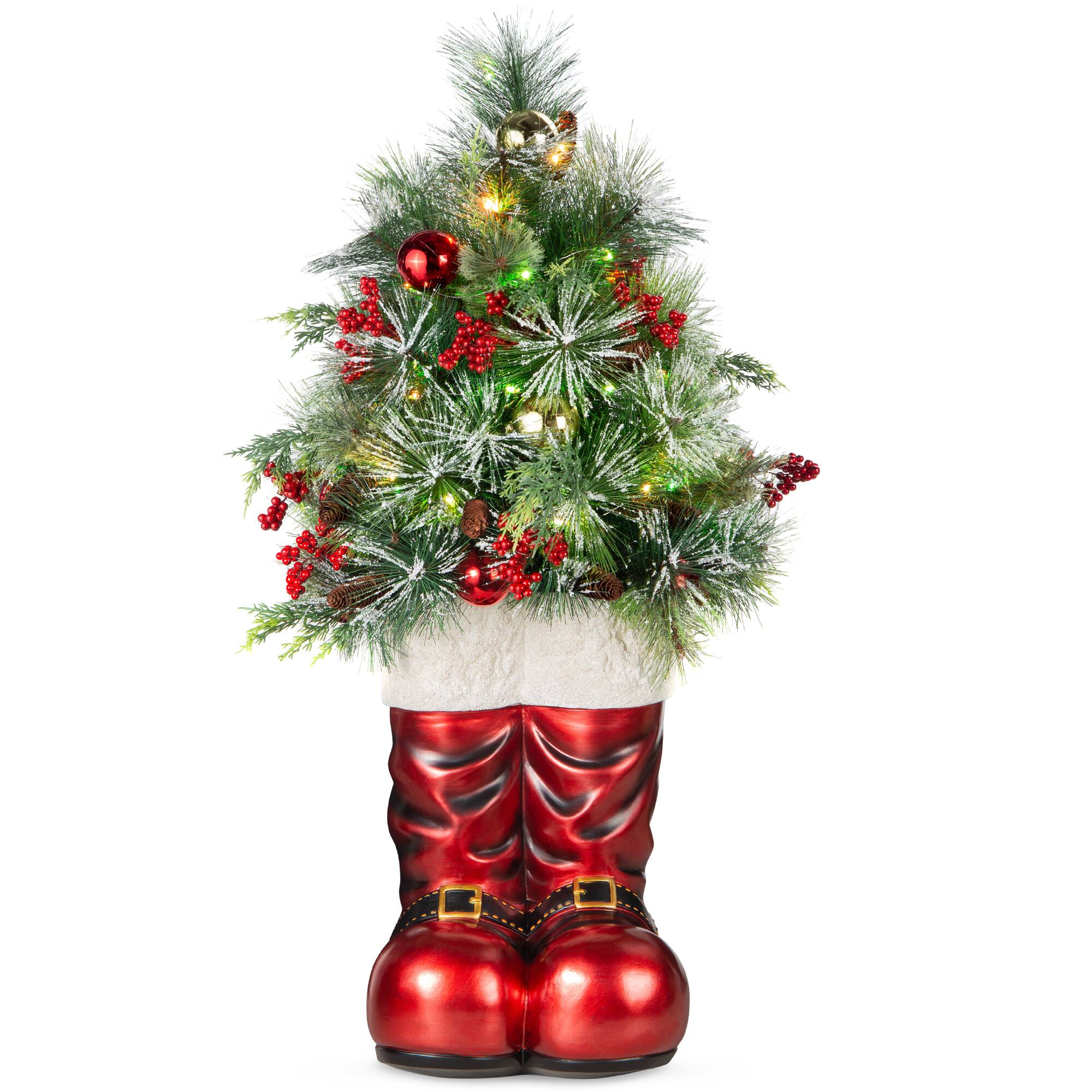 Best Choice Products - 40in Santa Boots Decoration w/ Pre-Decorated Christmas Greenery, Battery-Operated Lights - Red