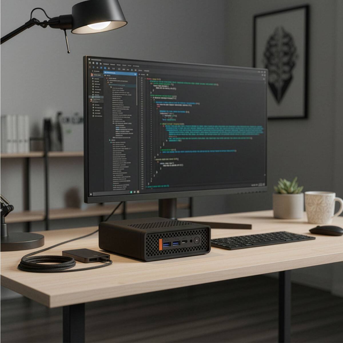 Alt View 3. Qian - Qian Atlas 5 Mini PC – Intel Core i5‑1235U, 16GB DDR4, 512GB SSD, Wi‑Fi 6, Dual HDMI, VESA Mount - Black.