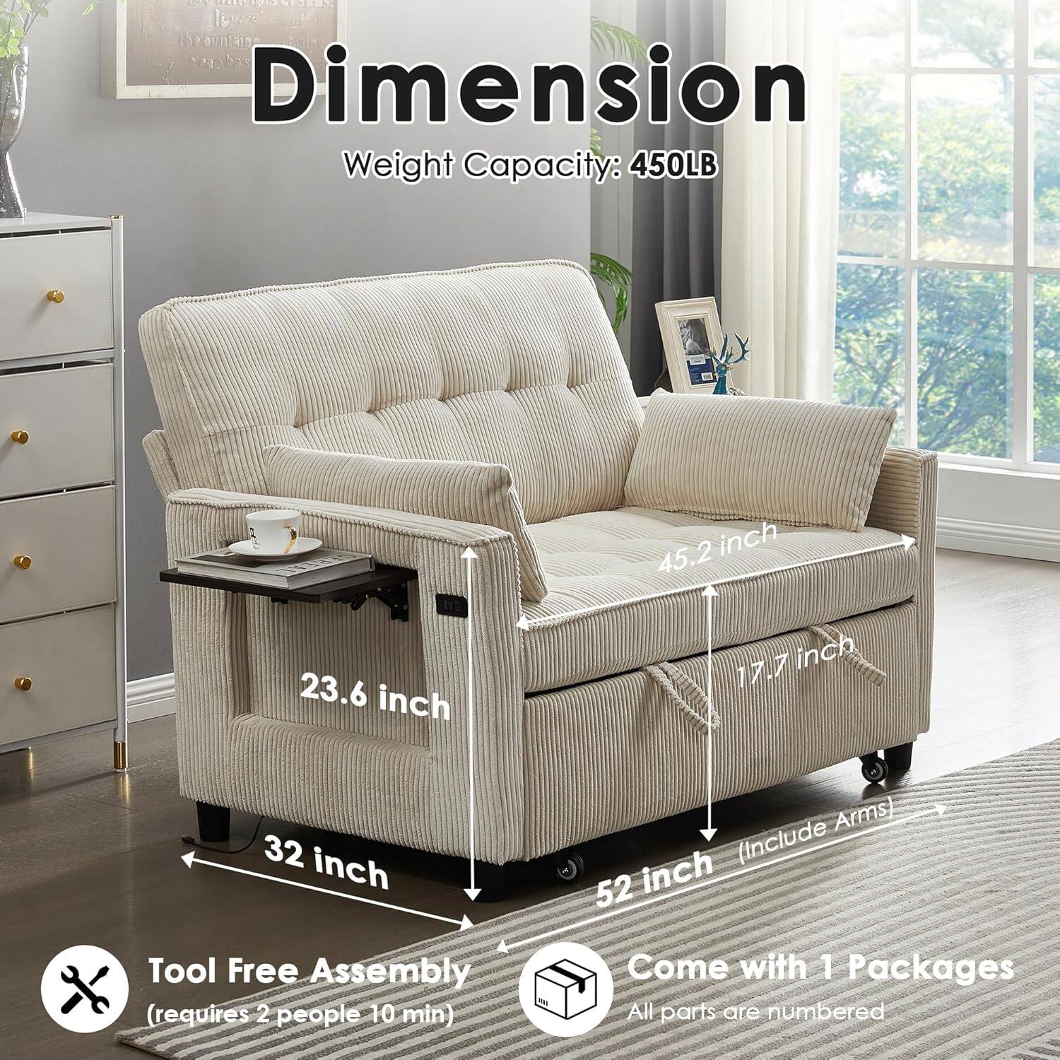 **Dimension**  
Weight Capacity: 450LB  

- 52 inch (Include Arms)  
- 45.2 inch  
- 32 inch  
- 23.6 inch  
- 17.7 inch  

Tool Free Assembly (requires 2 people 10 min)  
Come with 1 Packages  
All parts are numbered