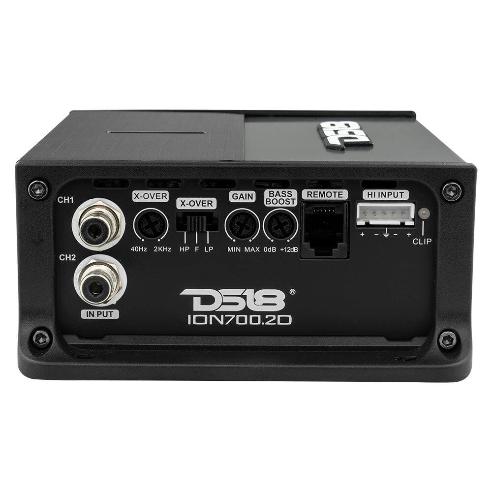 CH1  
X-OVER X-OVER  
GAIN BASS REMOTE BOOST  
HI INPUT  
CH2  
40Hz 2KHz HP F LP  
MIN MAX 0dB +12dB  
+ CLIP  
IN PUT  
D518 ION700.2D