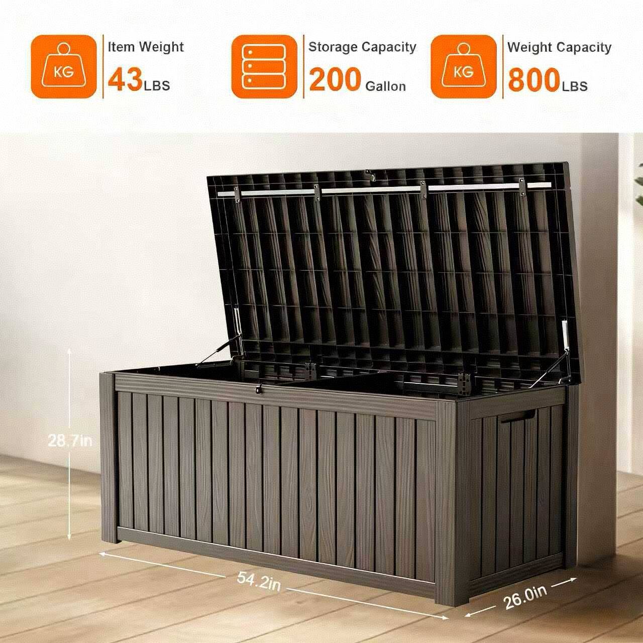 - Item Weight: 43 LBS
- Storage Capacity: 200 Gallon
- Weight Capacity: 800 LBS
- Dimensions: 28.7in x 54.2in x 26.0in