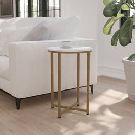 Emma + Oliver - Laminate Living Room Coffee Table with Crisscross Metal Frame - White Marble Top/Brushed Gold Frame