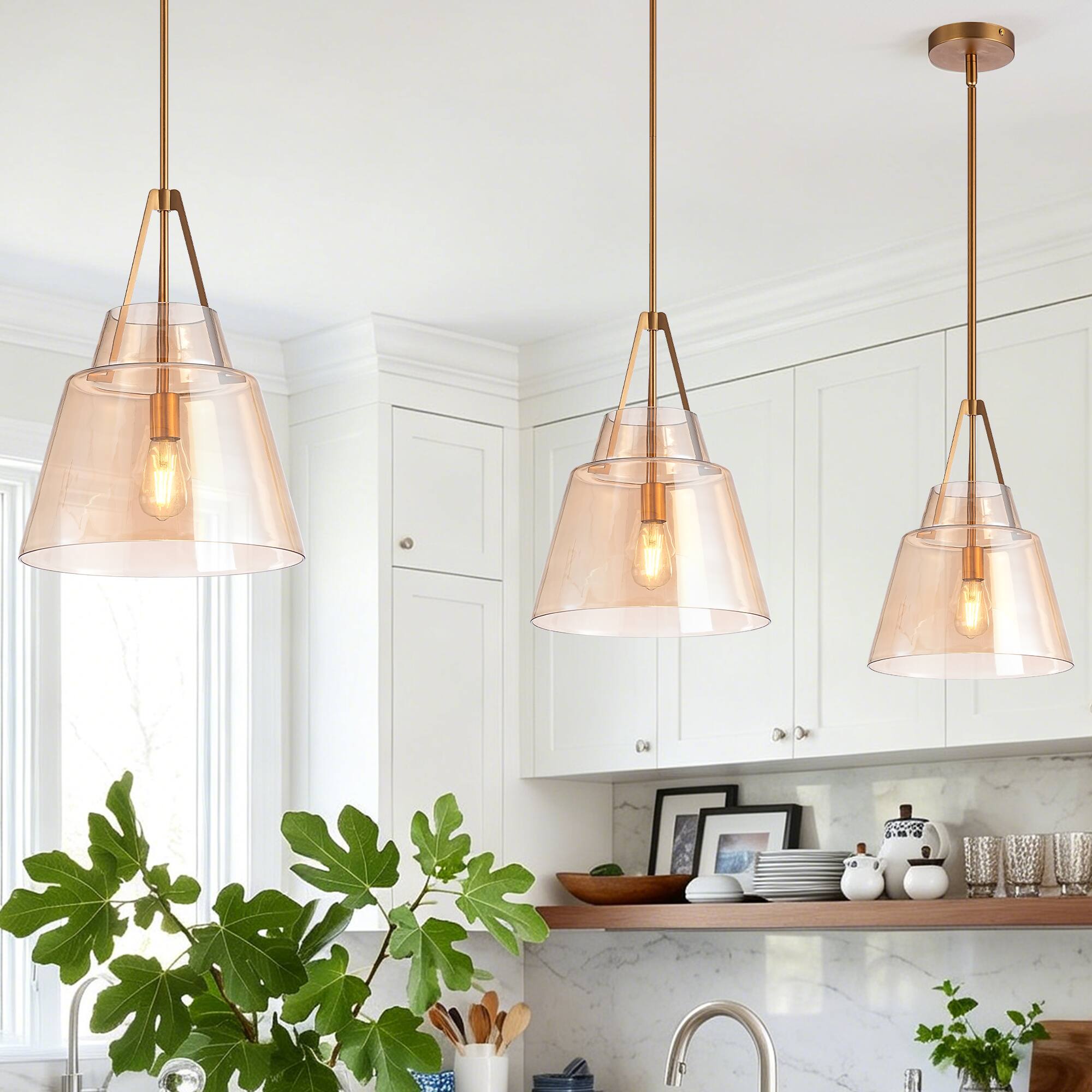 Front. Parrot Uncle - 15" Modern Cone Amber Glass 1- Light Adjustable Pendant Light for Kitchen Island and Dining Room - Amber.