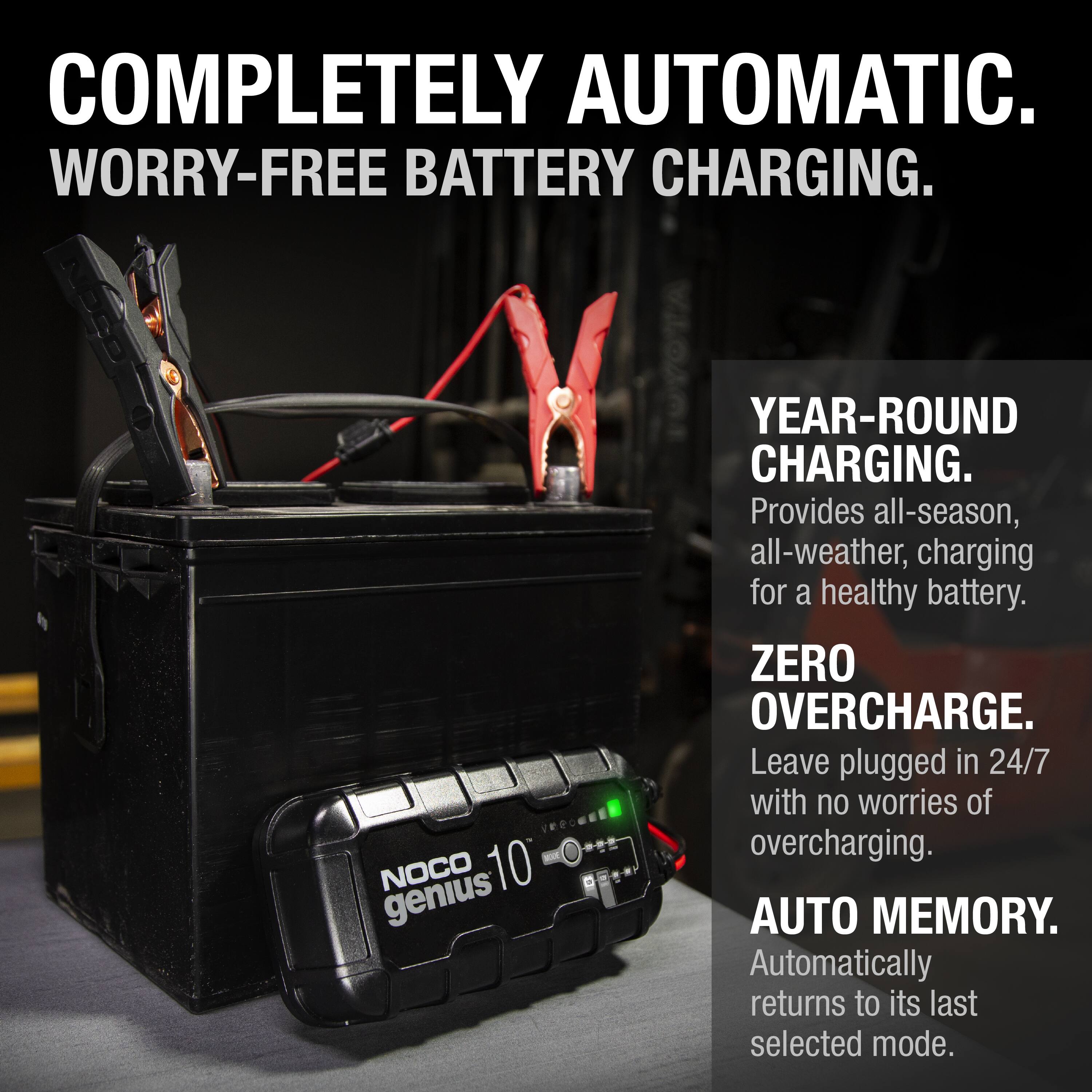 COMPLETELY AUTOMATIC.  
WORRY-FREE BATTERY CHARGING.  

YEAR-ROUND CHARGING.  
Provides all-season, all-weather, charging for a healthy battery.  

ZERO OVERCHARGE.  
Leave plugged in 24/7 with no worries of overcharging.  

AUTO MEMORY.  
Automatically returns to its last selected mode.