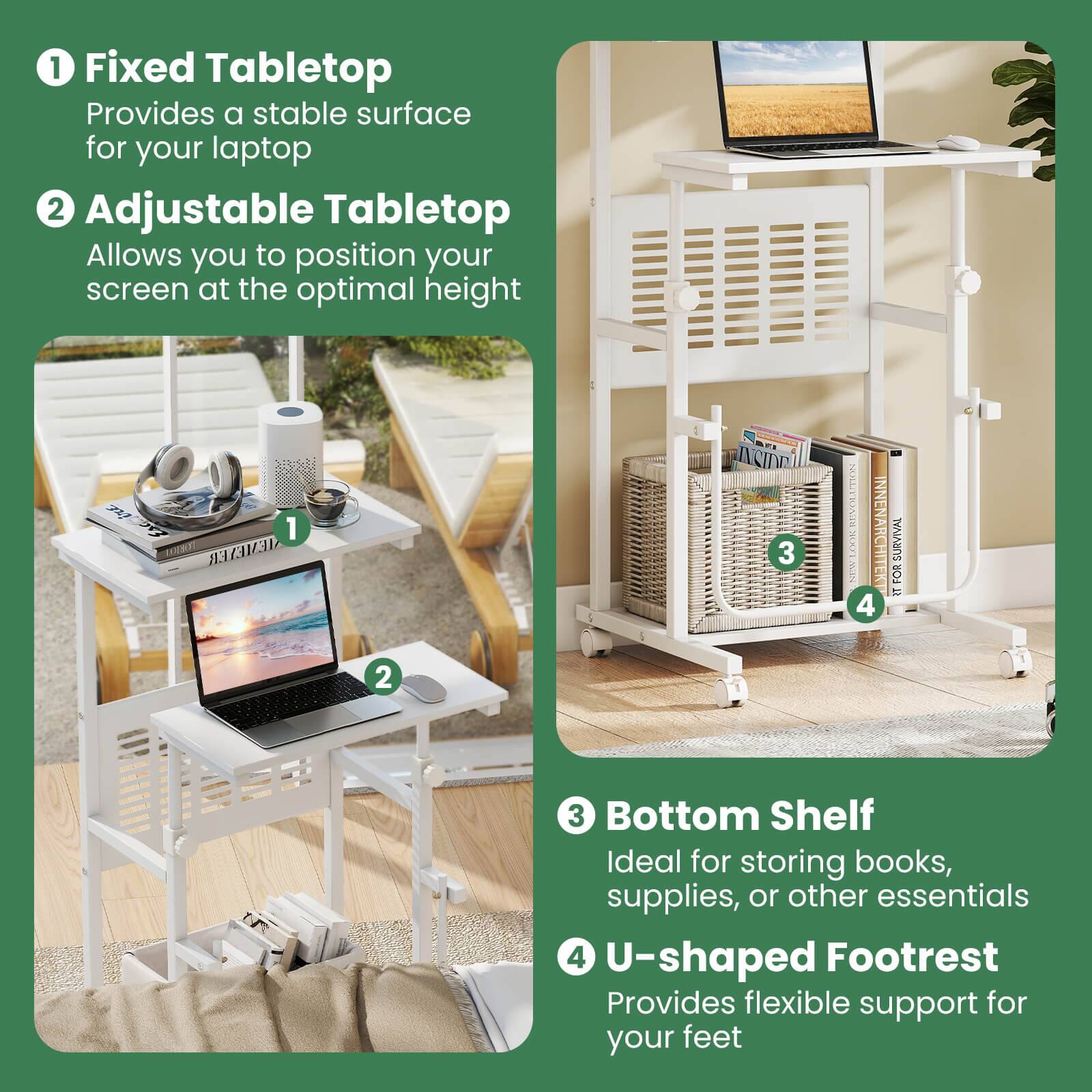 1. Fixed Tabletop: Provides a stable surface for your laptop.
2. Adjustable Tabletop: Allows you to position your screen at the optimal height.
3. Bottom Shelf: Ideal for storing books, supplies, or other essentials.
4. U-shaped Footrest: Provides flexible support for your feet.