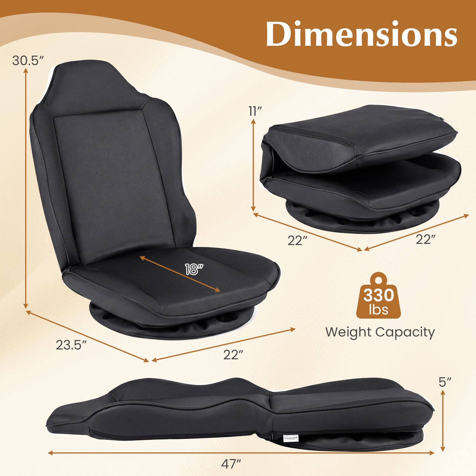 30.5" Dimensions 11" 22" 22" 23.5" 18" 22" 330 lbs Weight Capacity 5" 47"
