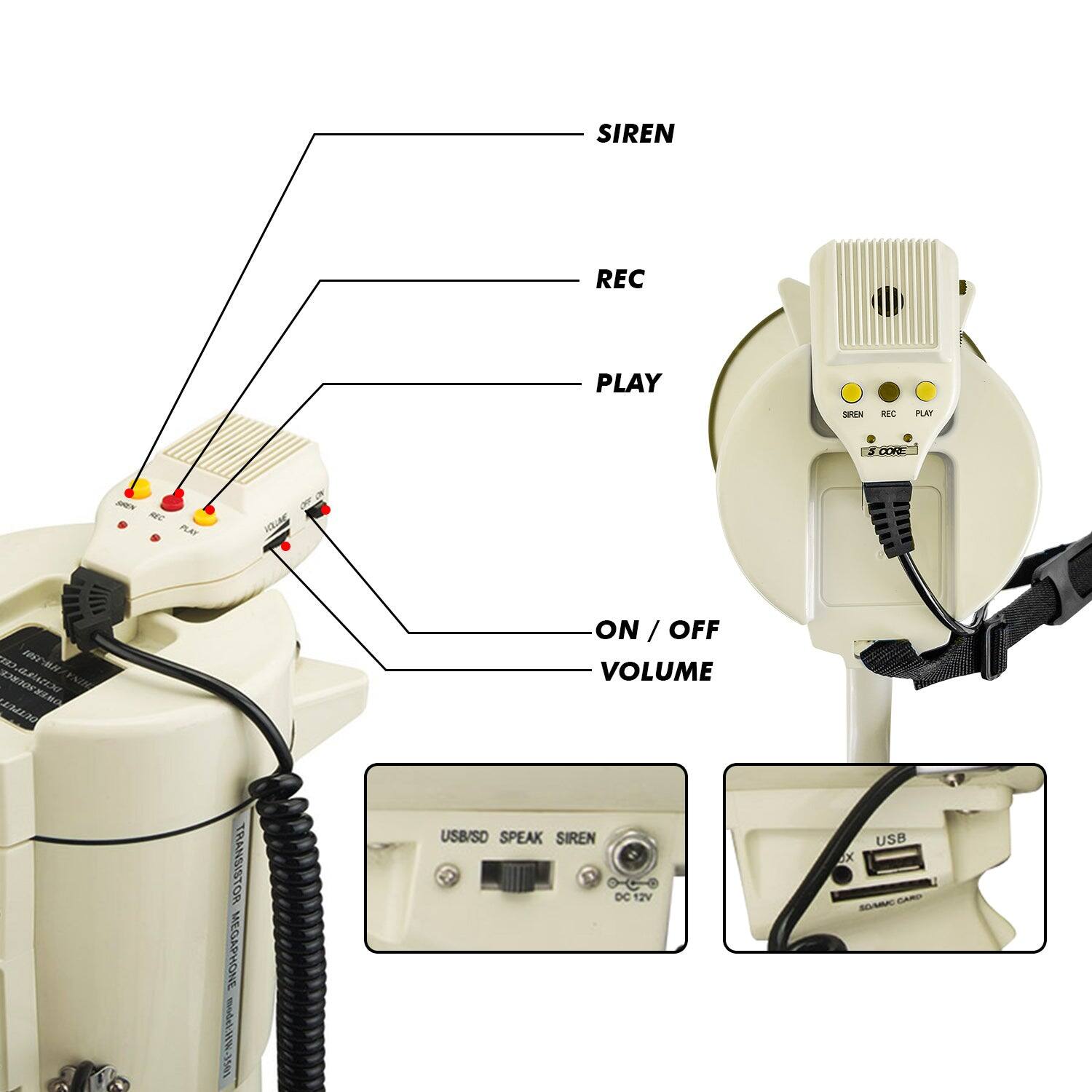 - SIREN
- REC
- PLAY
- ON / OFF
- VOLUME
- USB/SD SPEAK
- SIREN DC 12V
- USB
- SD CARD