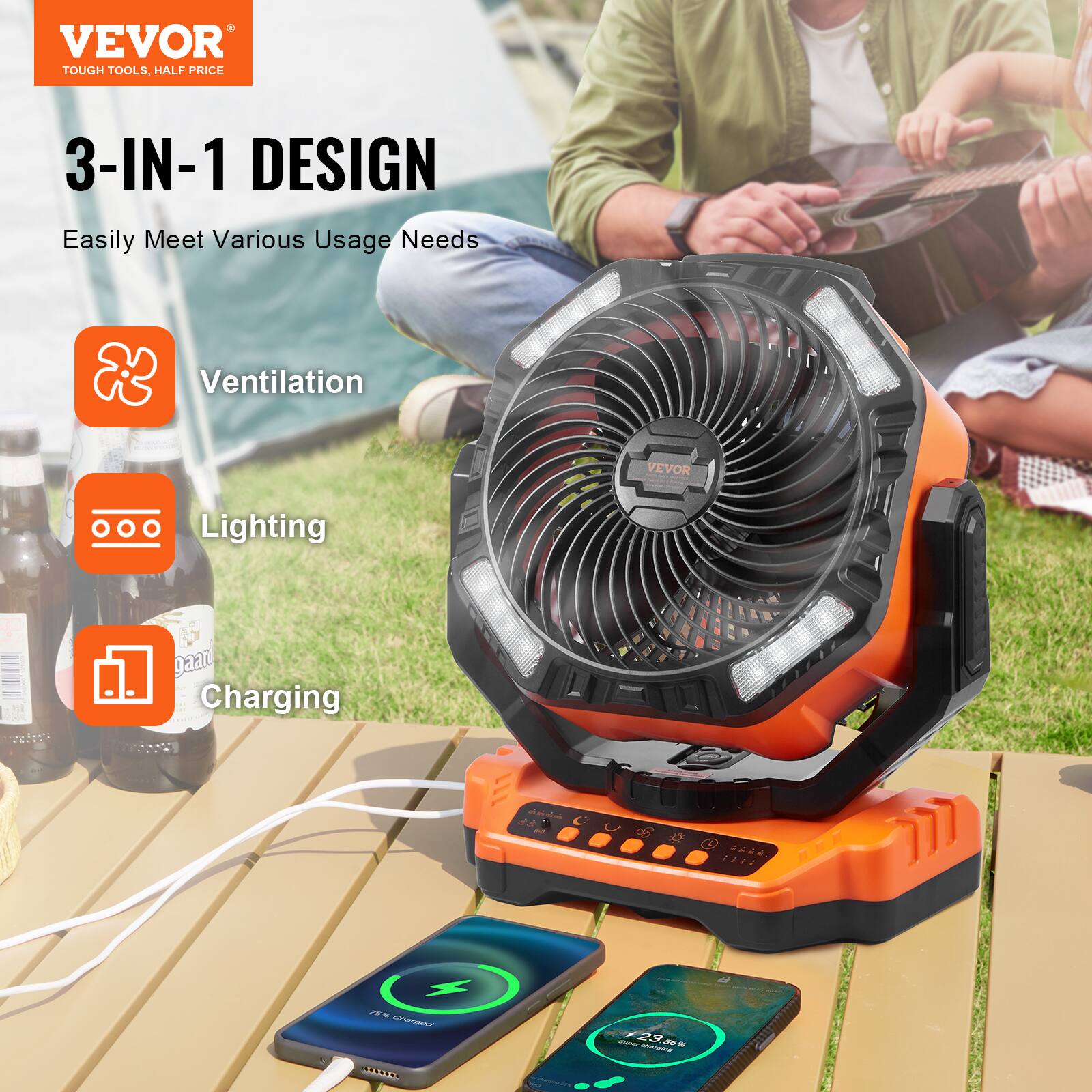 VEVOR  
TOUGH TOOLS, HALF PRICE  

3-IN-1 DESIGN  
Easily Meet Various Usage Needs  

Ventilation  
Lighting  
Charging  

Q 22 124t - ager ESTESA - 23 CE